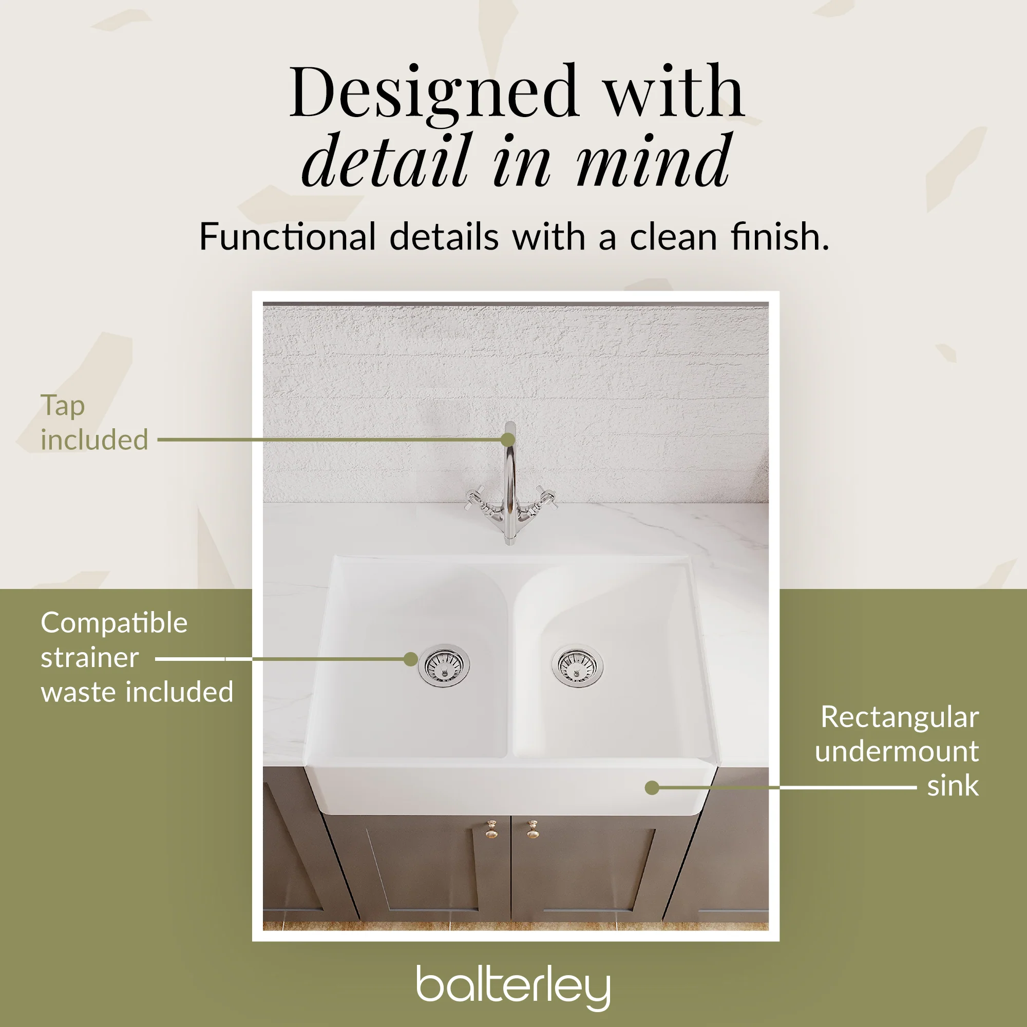 Double Bowl Fireclay Ceramic Full Weir Butler Kitchen Sink Bundle with Mono Mixer Tap & Waste - Image 8
