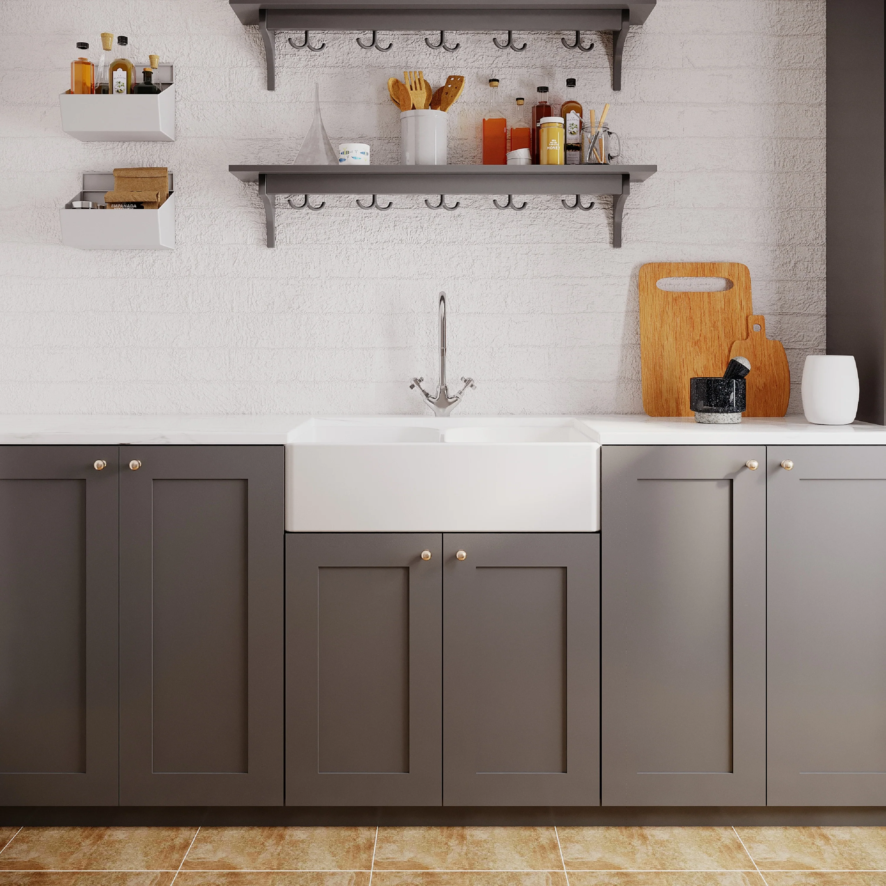 Double Bowl Fireclay Ceramic Full Weir Butler Kitchen Sink Bundle with Mono Mixer Tap & Waste - Image 9