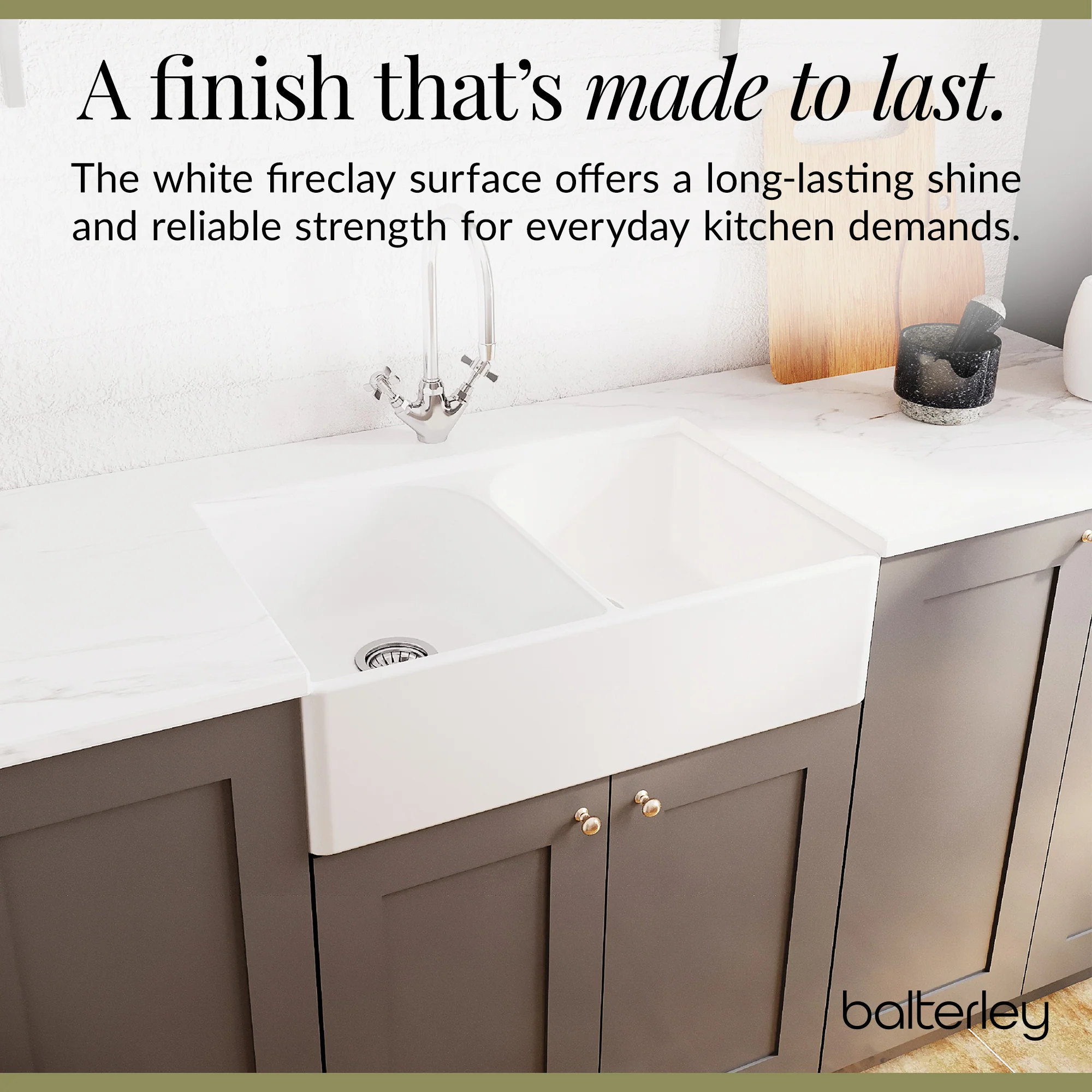 Double Bowl Fireclay Ceramic Full Weir Butler Kitchen Sink Bundle with Classic Tap & Waste - Image 7
