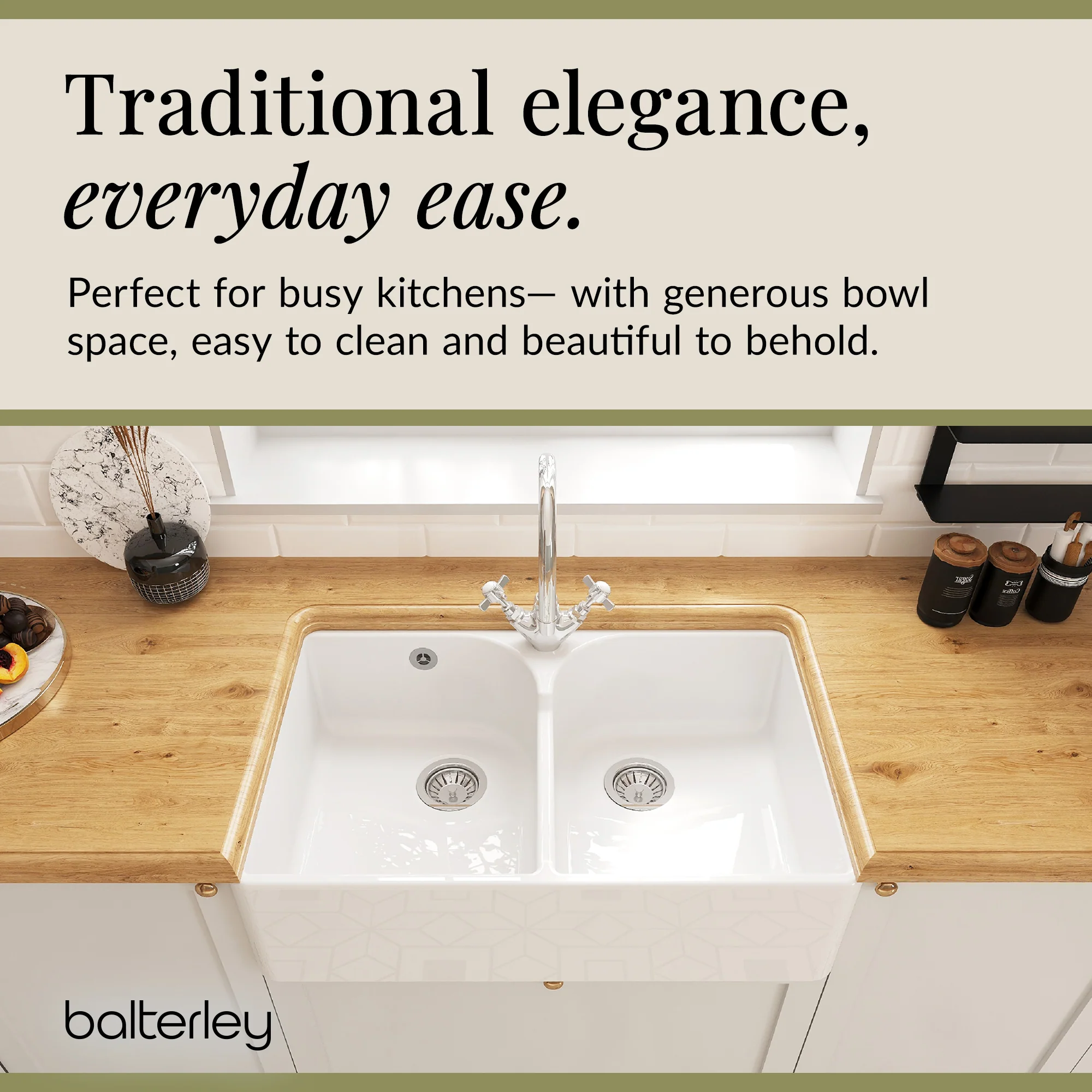 Double Bowl Fireclay Ceramic Butler Kitchen Sink Bundle with Stepped Weir, Mixer Tap & Wastes - Image 5
