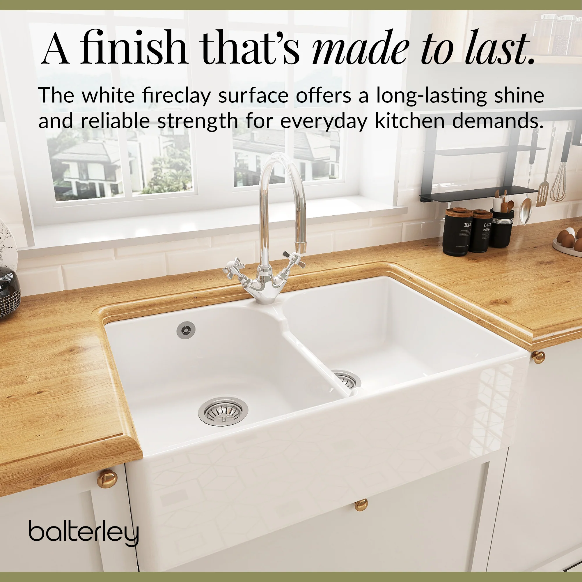Double Bowl Fireclay Ceramic Butler Kitchen Sink Bundle with Stepped Weir, Mixer Tap & Wastes - Image 6