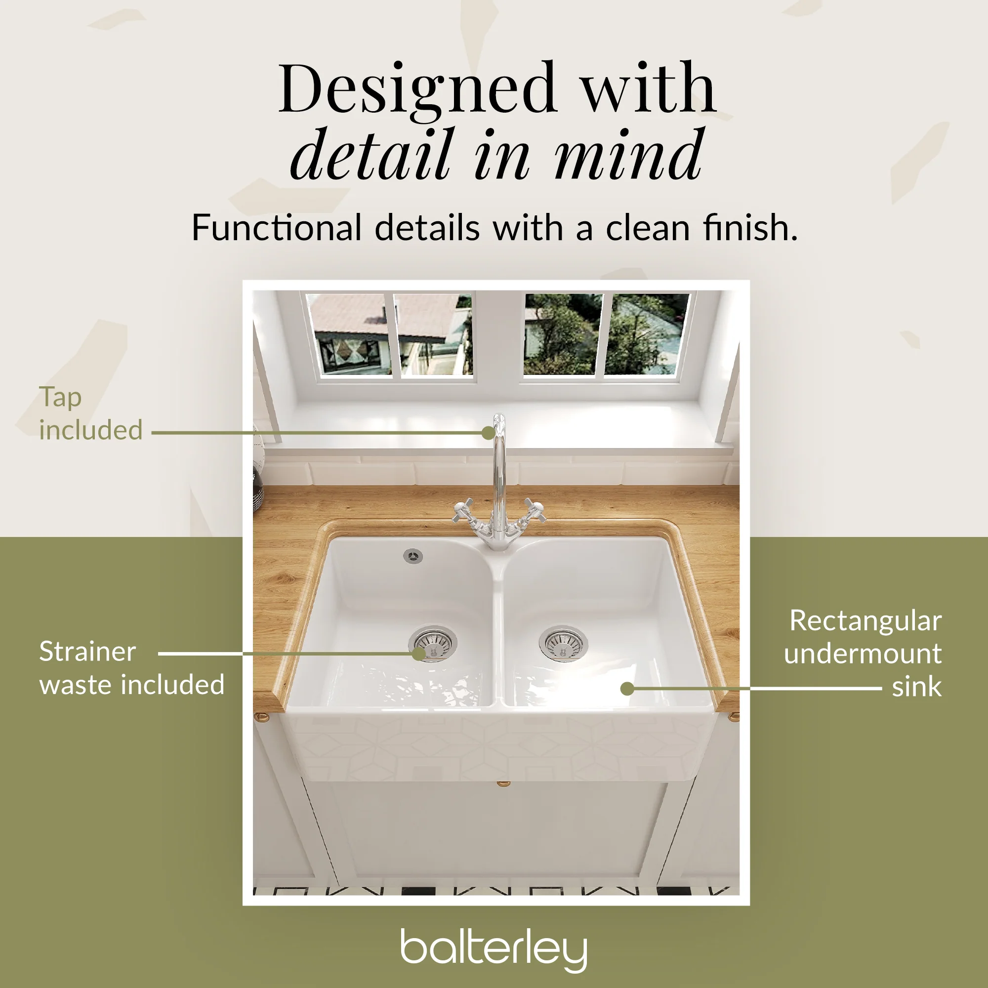 Double Bowl Fireclay Ceramic Butler Kitchen Sink Bundle with Stepped Weir, Mixer Tap & Wastes - Image 8