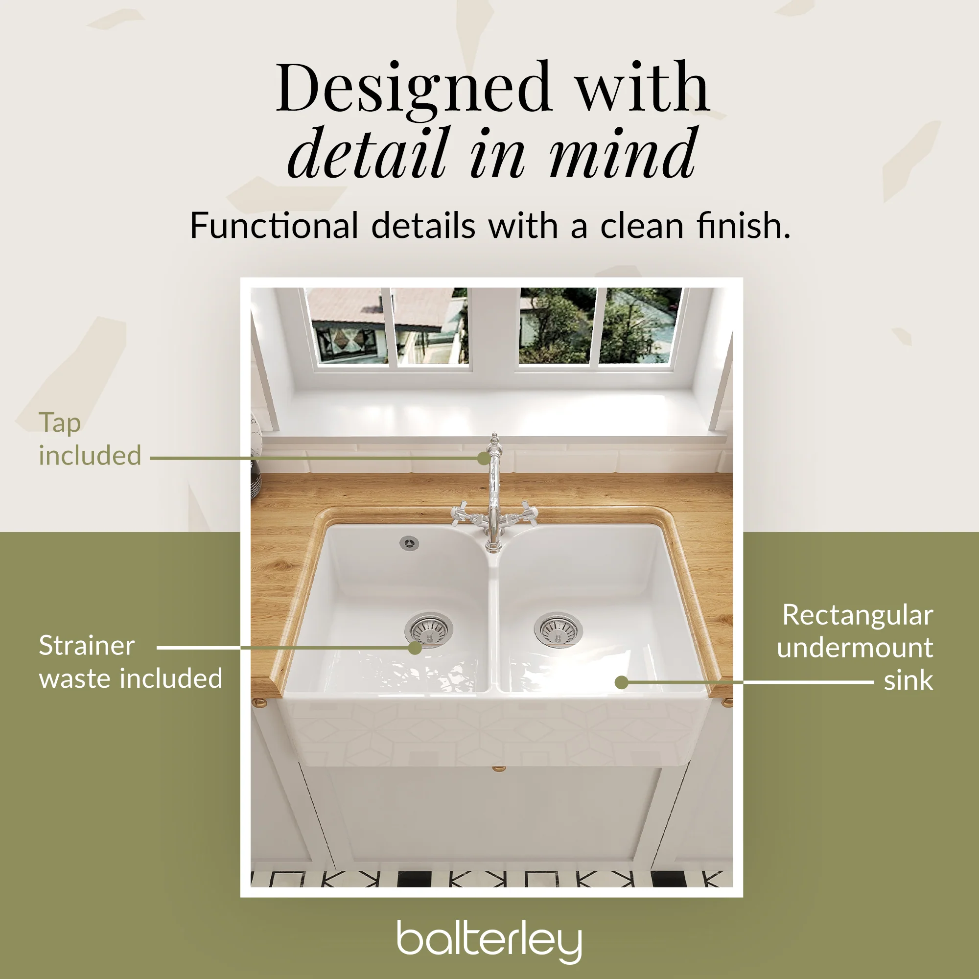 Double Bowl Fireclay Ceramic Butler Kitchen Sink Bundle with Stepped Weir, Classic Tap & Wastes - Image 10