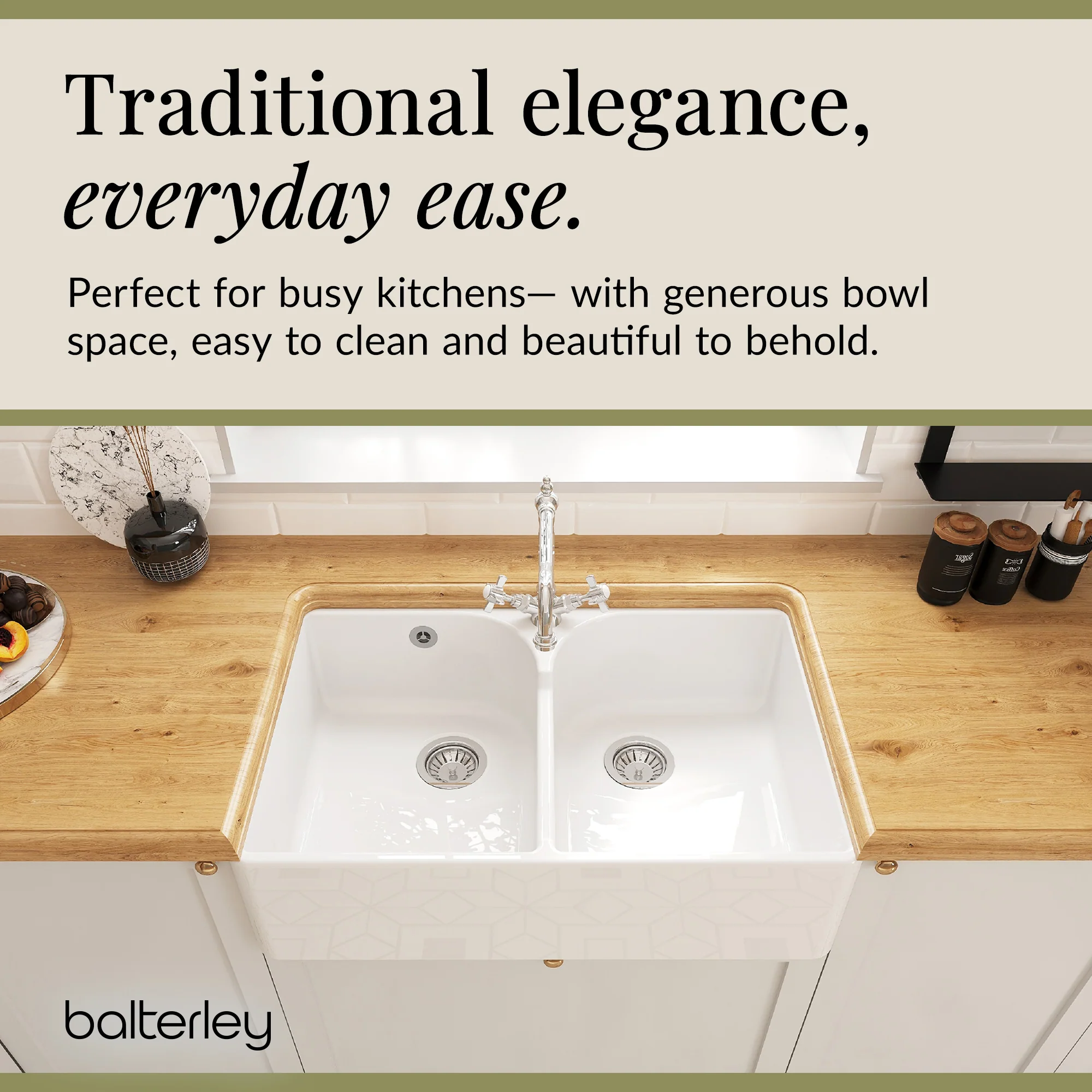 Double Bowl Fireclay Ceramic Butler Kitchen Sink Bundle with Stepped Weir, Classic Tap & Wastes - Image 4