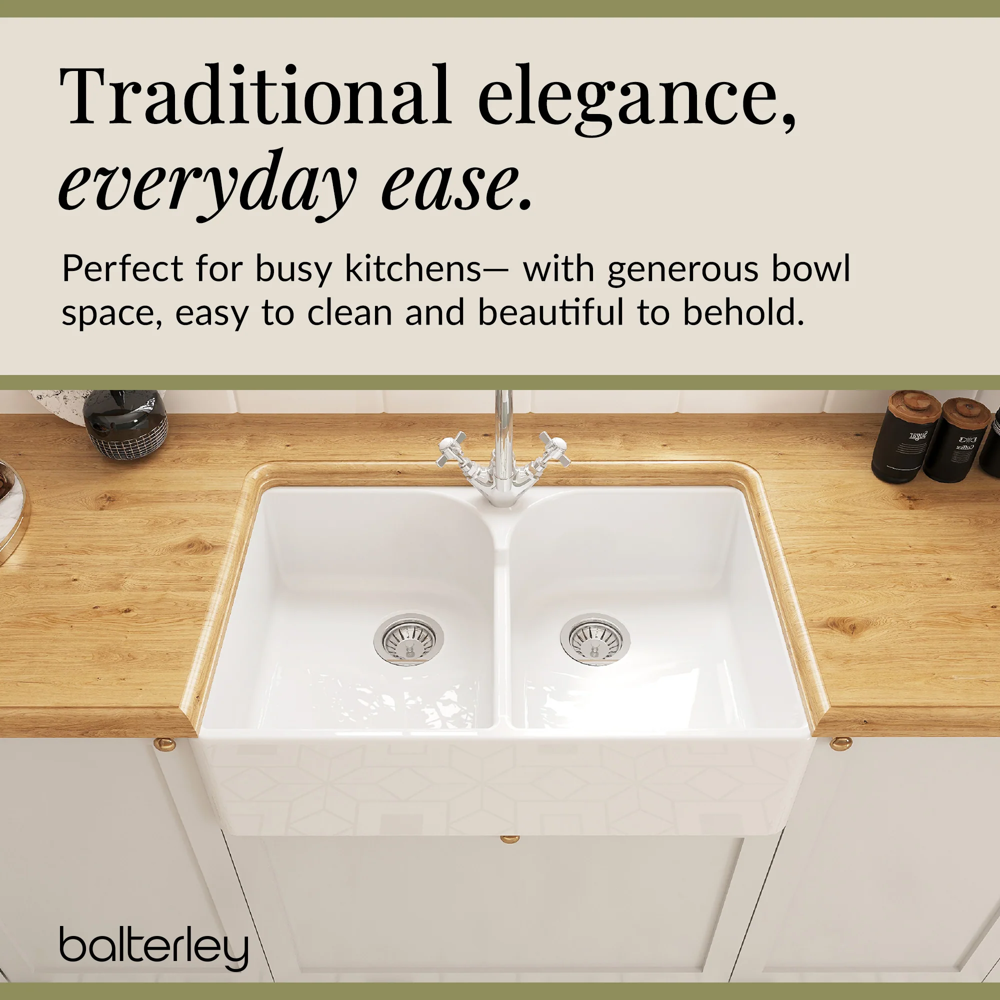 Double Bowl Fireclay Ceramic Stepped Weir Butler Kitchen Sink Bundle with Mono Mixer Tap & Waste - Image 4