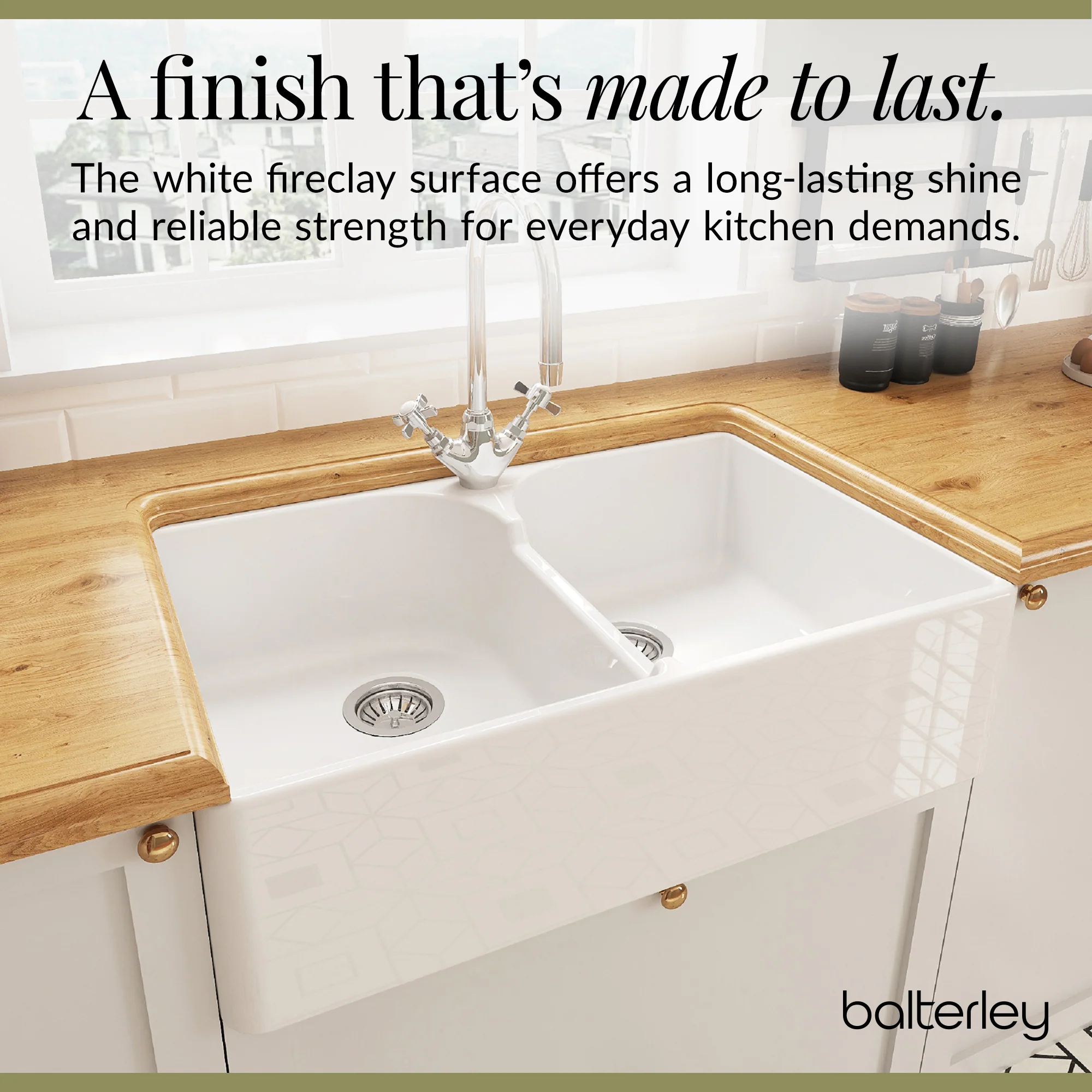 Double Bowl Fireclay Ceramic Stepped Weir Butler Kitchen Sink Bundle with Mono Mixer Tap & Waste - Image 5