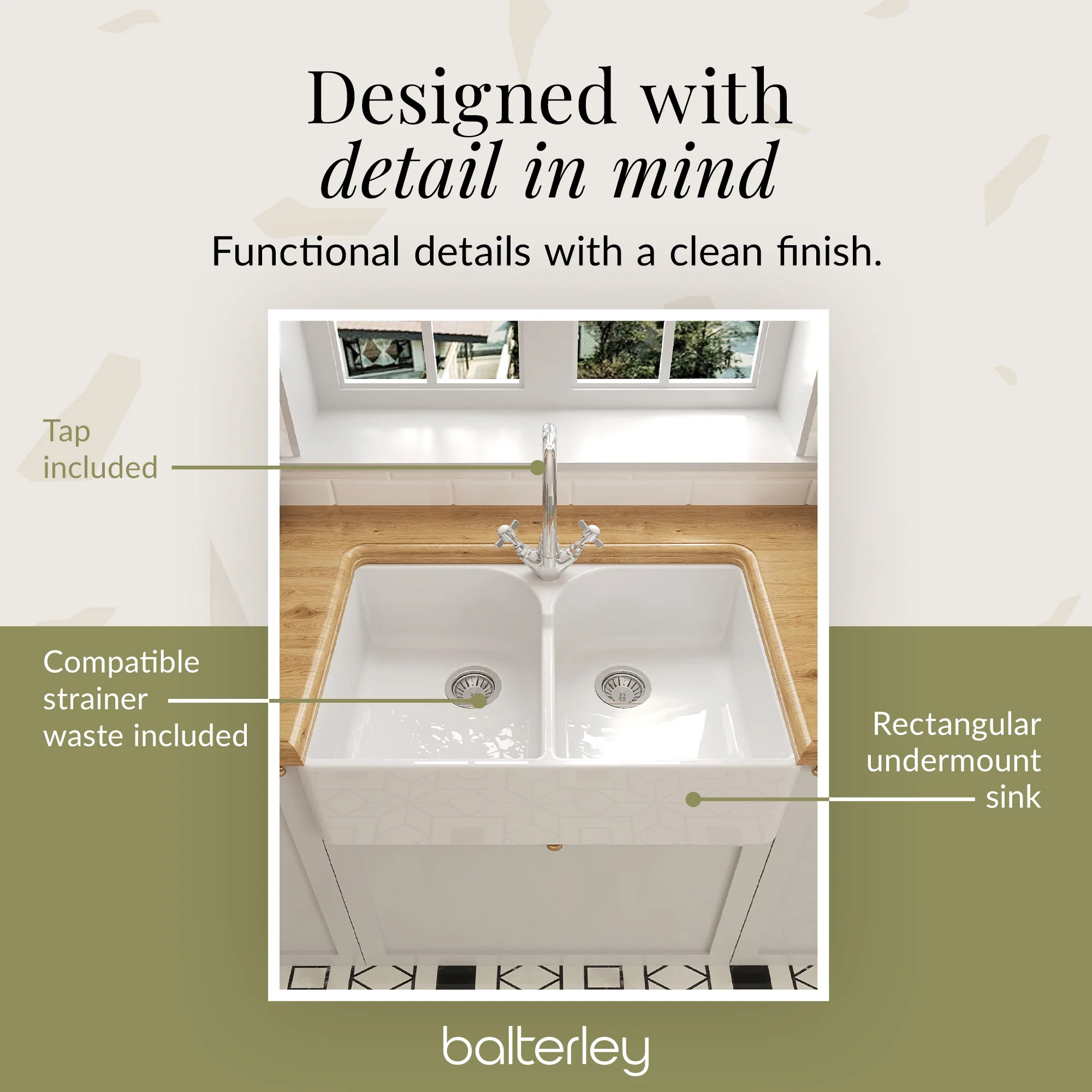Double Bowl Fireclay Ceramic Stepped Weir Butler Kitchen Sink Bundle with Mono Mixer Tap & Waste - Image 8