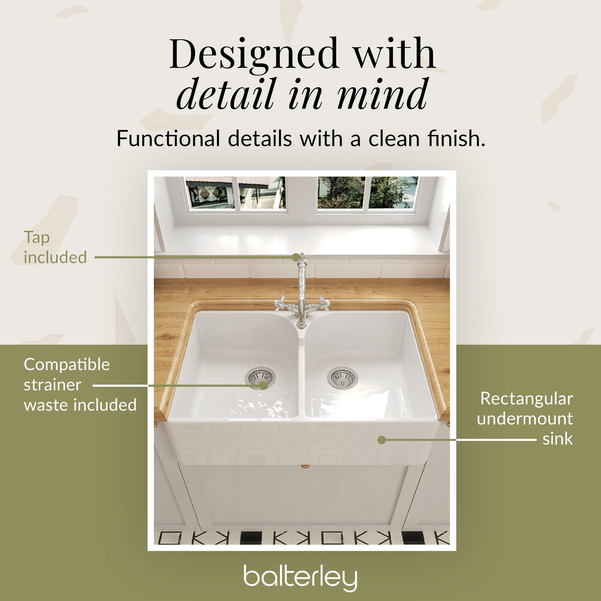 Double Bowl Fireclay Ceramic Butler Kitchen Sink Bundle with Stepped Weir, Classic Tap & Waste - Image 8