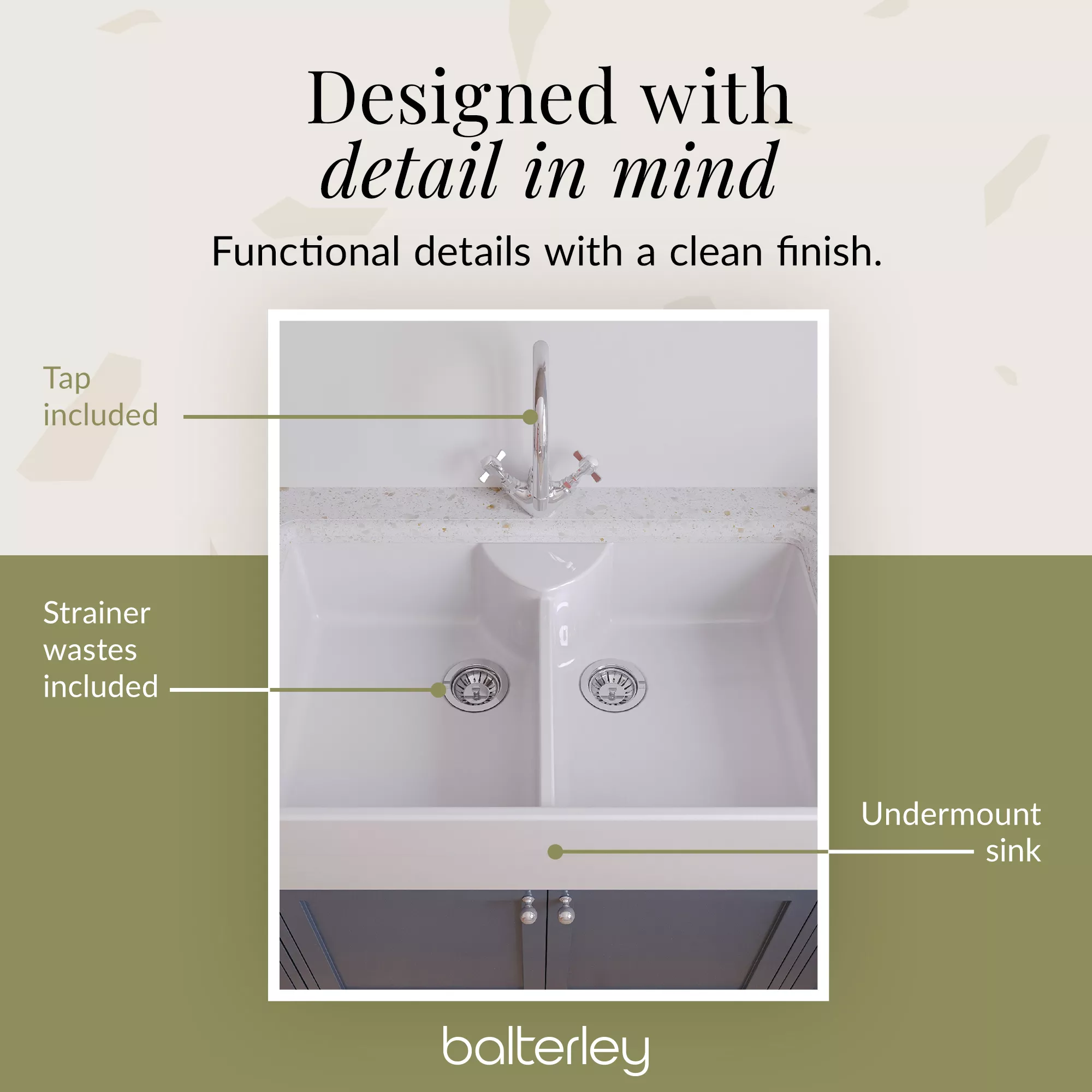 Double Bowl Fireclay Ceramic Butler Kitchen Sink Bundle with Stepped Weir, Mixer Tap & Wastes - Image 7