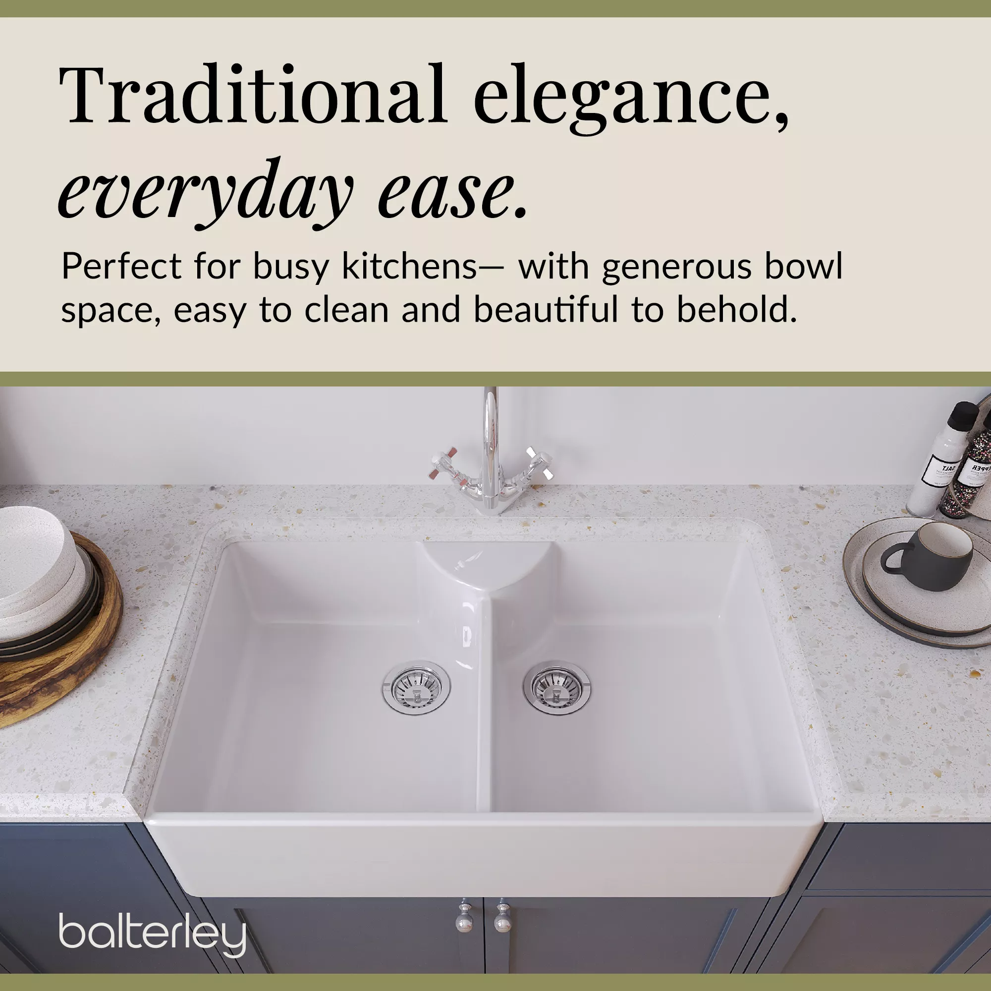 Double Bowl Fireclay Ceramic Butler Kitchen Sink Bundle with Stepped Weir, Mixer Tap & Wastes - Image 8