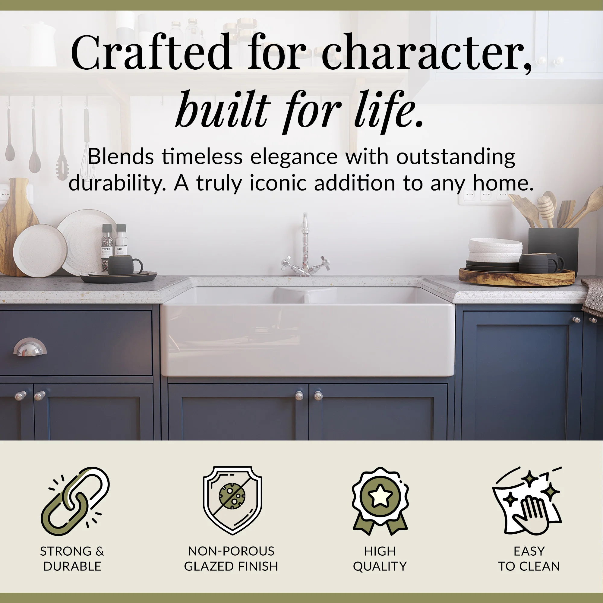 Double Bowl Fireclay Ceramic Butler Kitchen Sink Bundle with Stepped Weir, Classic Tap & Wastes - Image 2