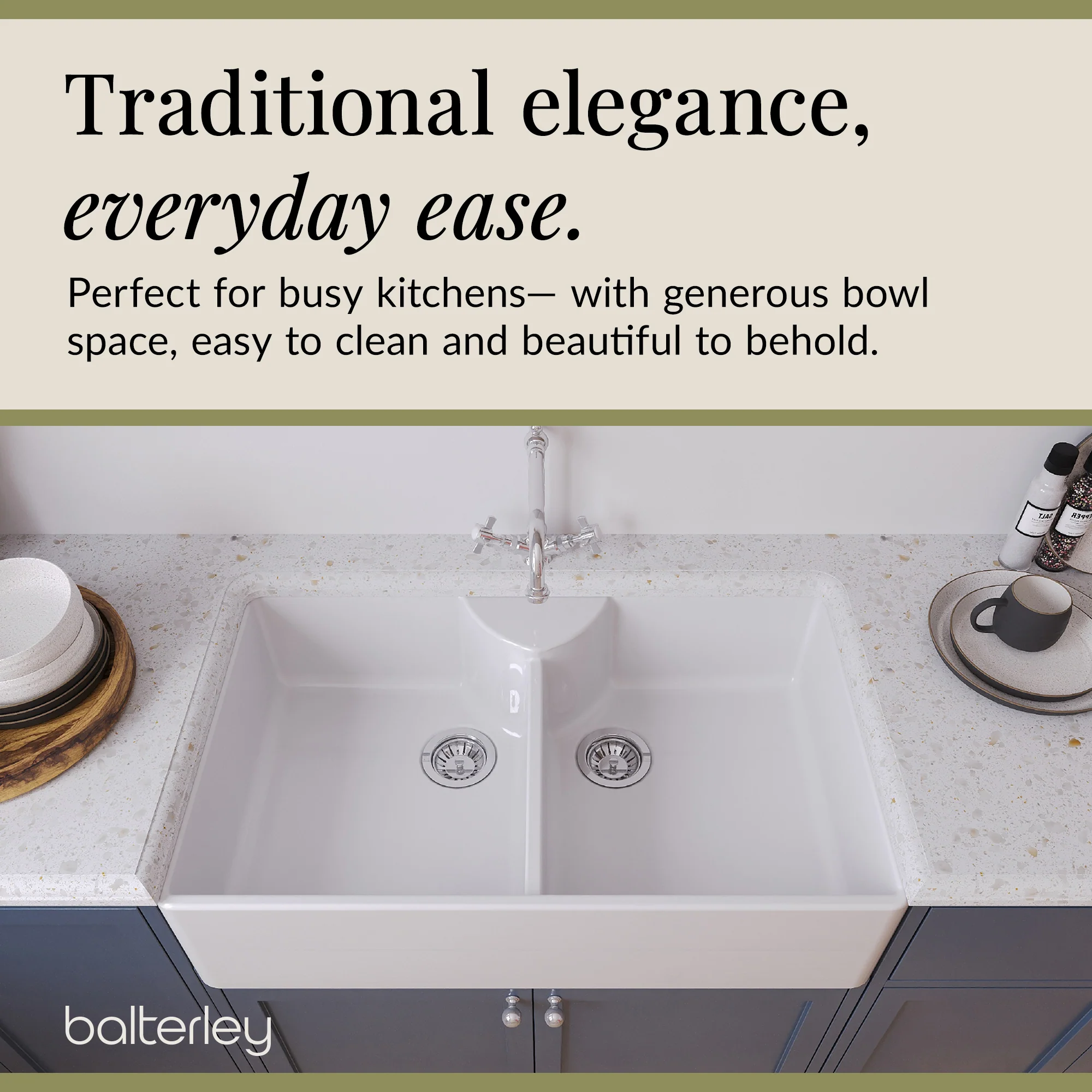 Double Bowl Fireclay Ceramic Butler Kitchen Sink Bundle with Stepped Weir, Classic Tap & Wastes - Image 3