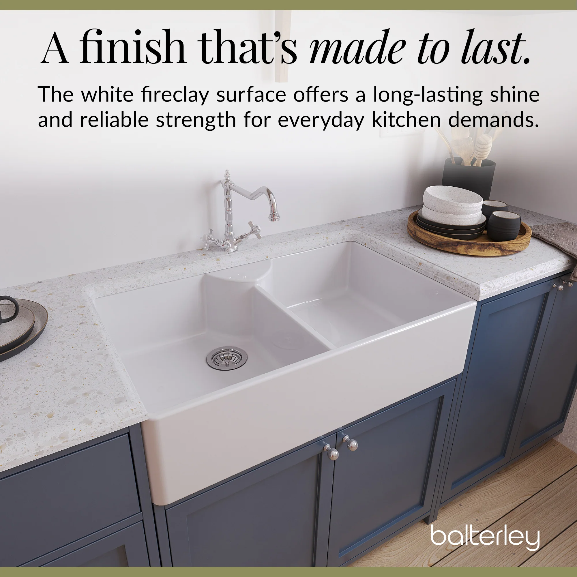 Double Bowl Fireclay Ceramic Butler Kitchen Sink Bundle with Stepped Weir, Classic Tap & Wastes - Image 4