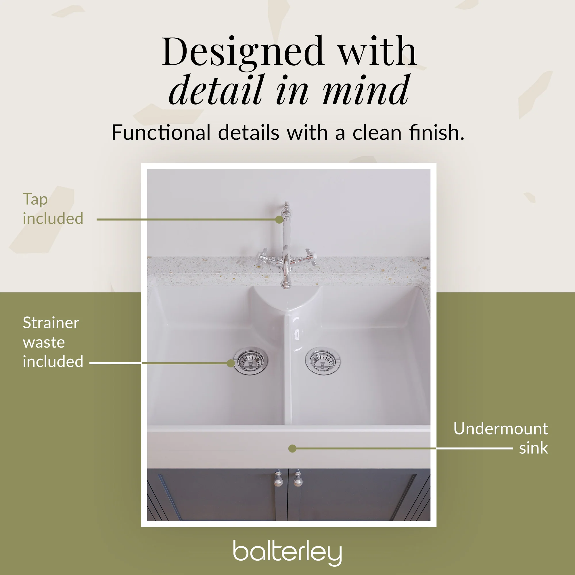 Double Bowl Fireclay Ceramic Butler Kitchen Sink Bundle with Stepped Weir, Classic Tap & Wastes - Image 5