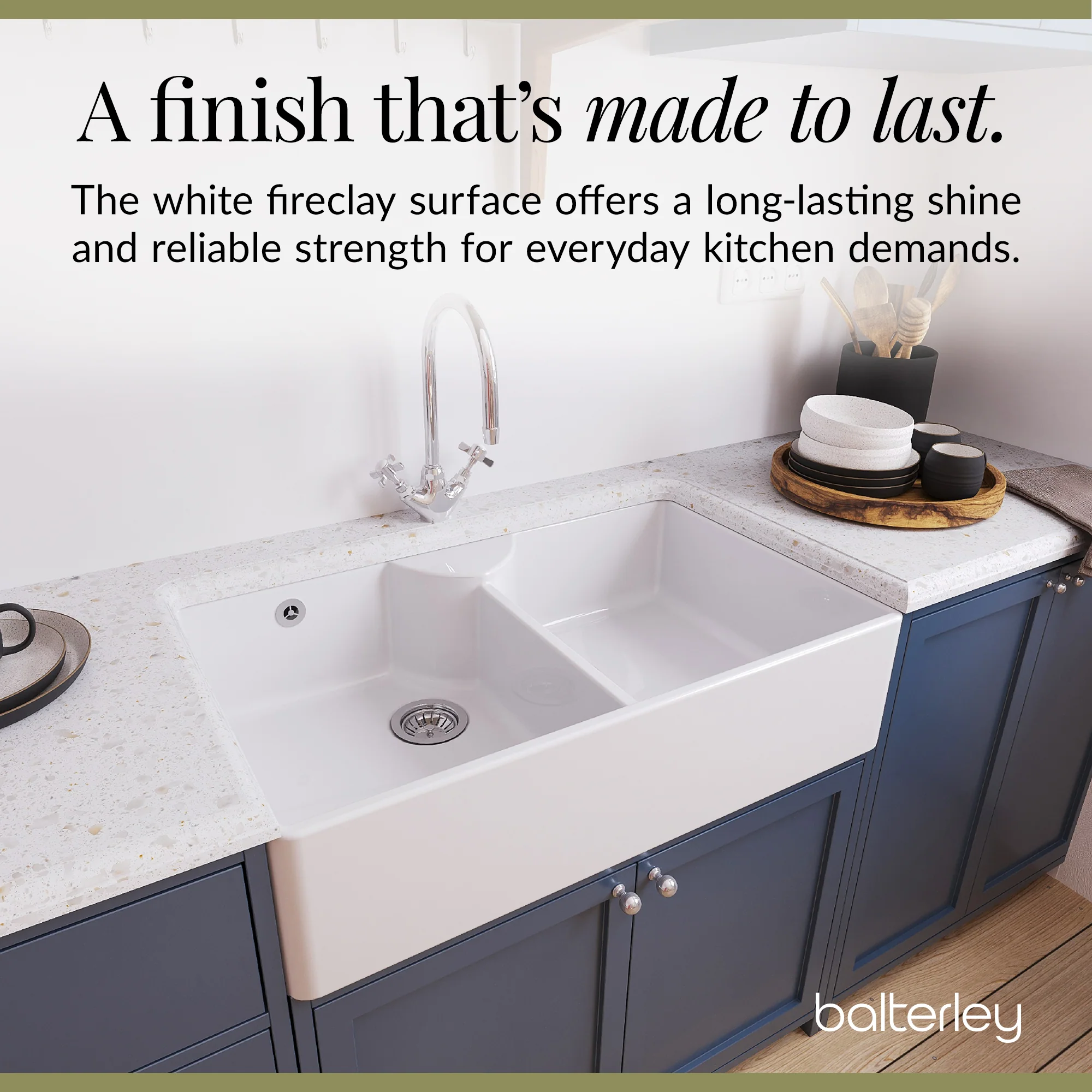Double Bowl Fireclay Ceramic Butler Kitchen Sink Bundle with Stepped Weir, Mixer Tap & Wastes - Image 8
