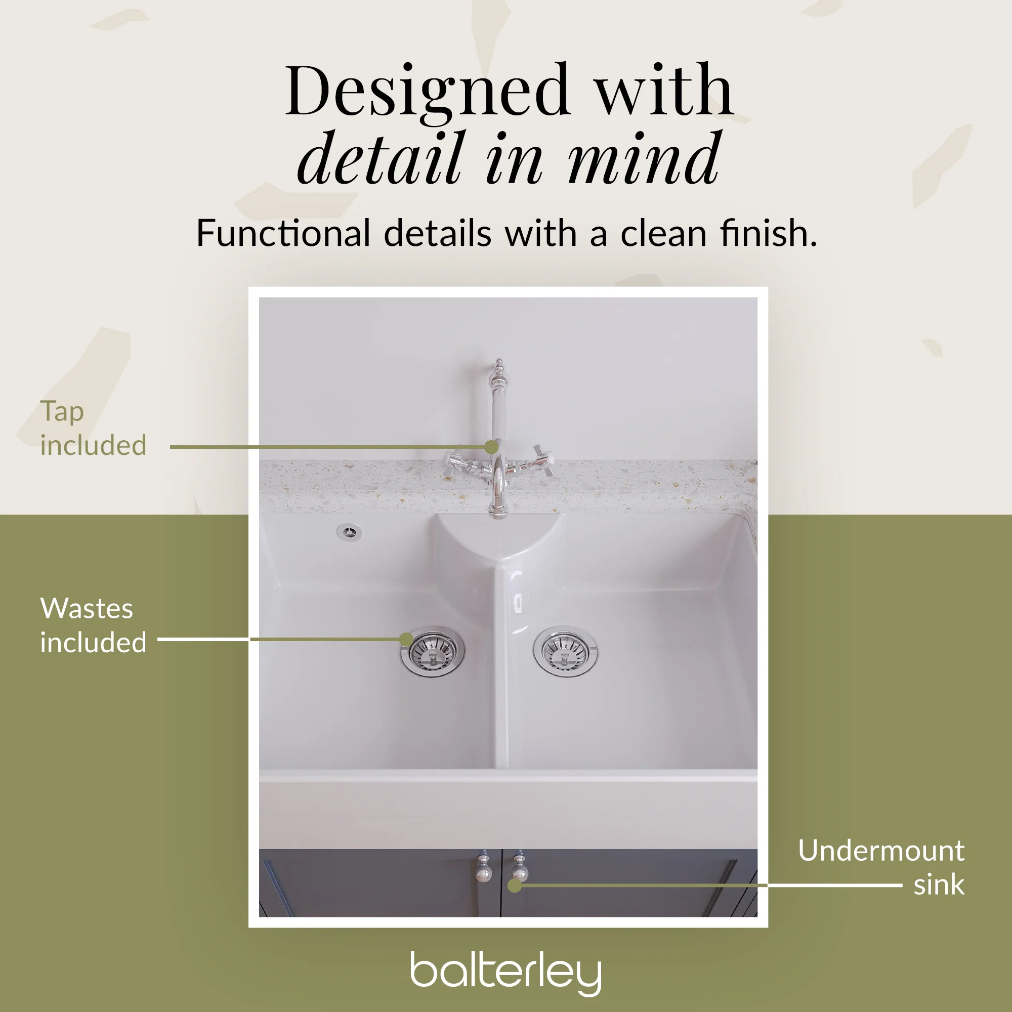 Double Bowl Fireclay Ceramic Butler Kitchen Sink Bundle with Stepped Weir, Classic Tap & Wastes - Image 11