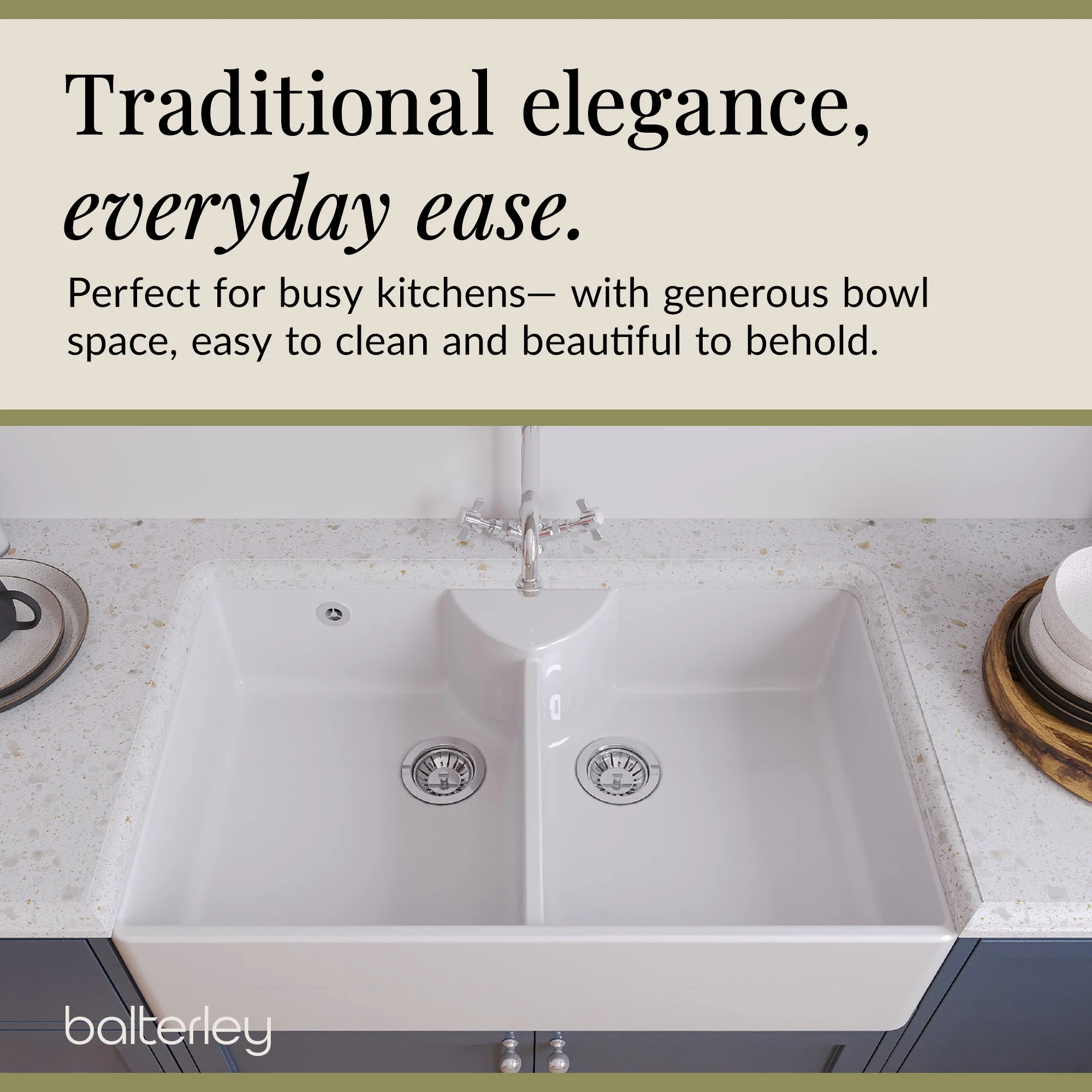 Double Bowl Fireclay Ceramic Butler Kitchen Sink Bundle with Stepped Weir, Classic Tap & Wastes - Image 7