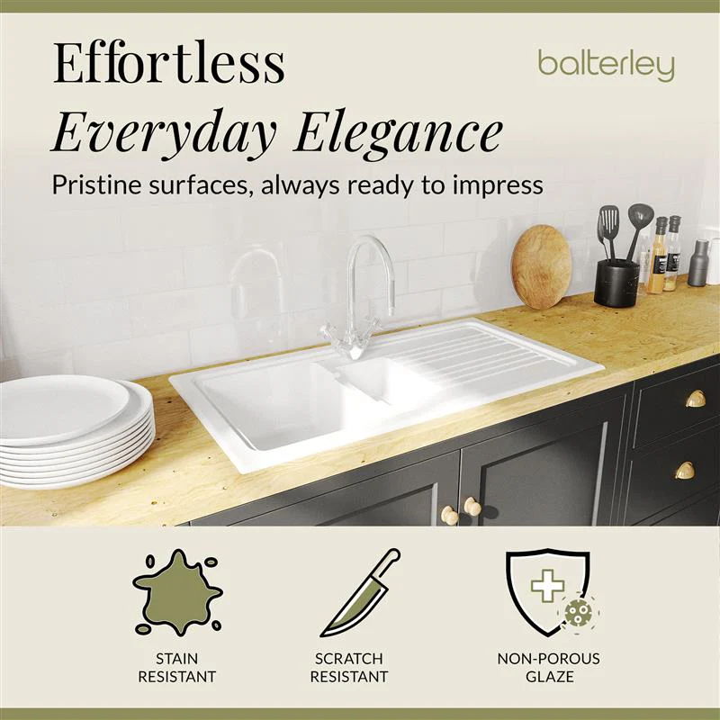 1.5 Bowl Fireclay Inset Kitchen Sink Bundle with Drainer, Mixer Tap & Wastes - 1010mm - Image 5