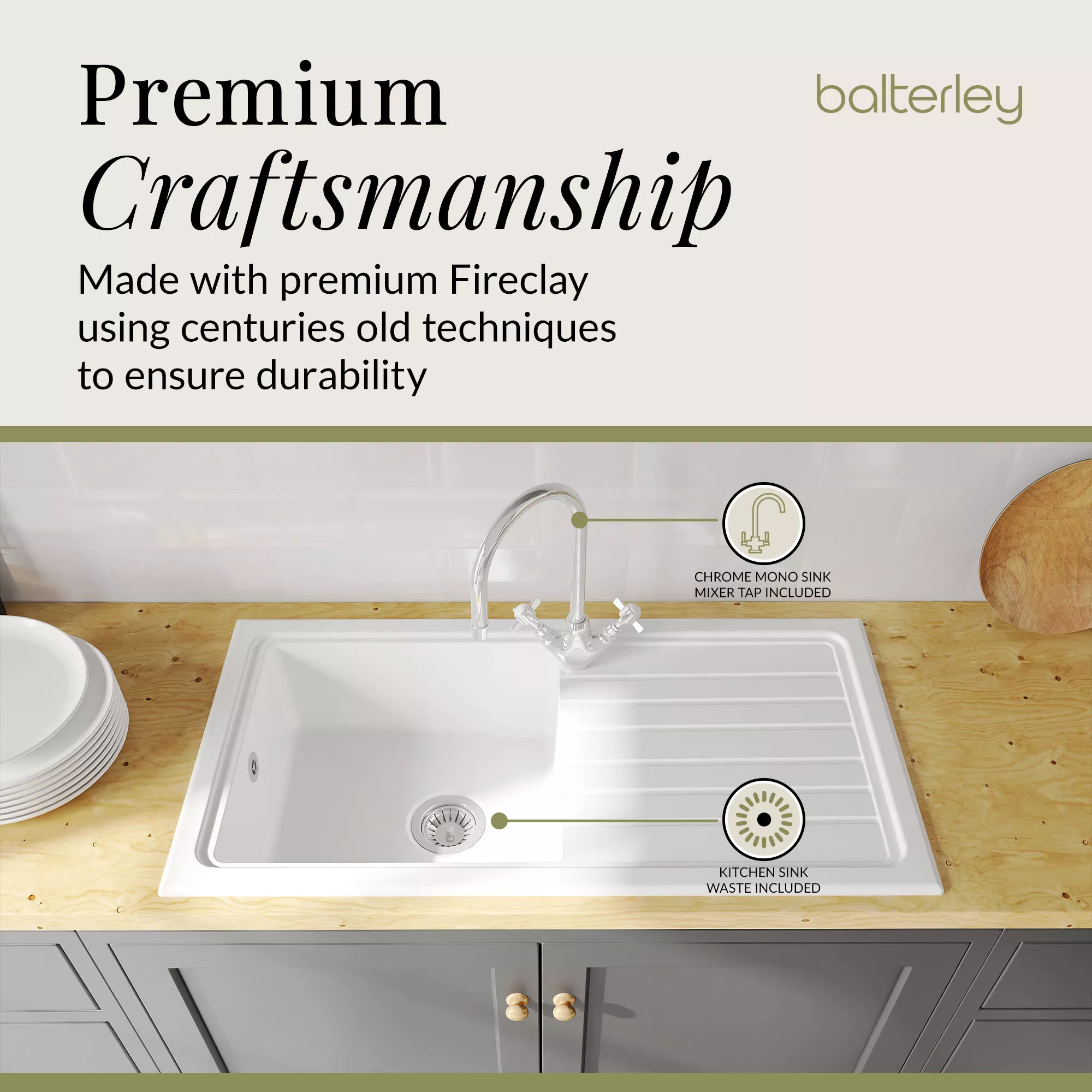 Single Bowl Fireclay Inset Kitchen Sink & Drainer, Mixer Tap & Wastes, 1010mm - Image 10