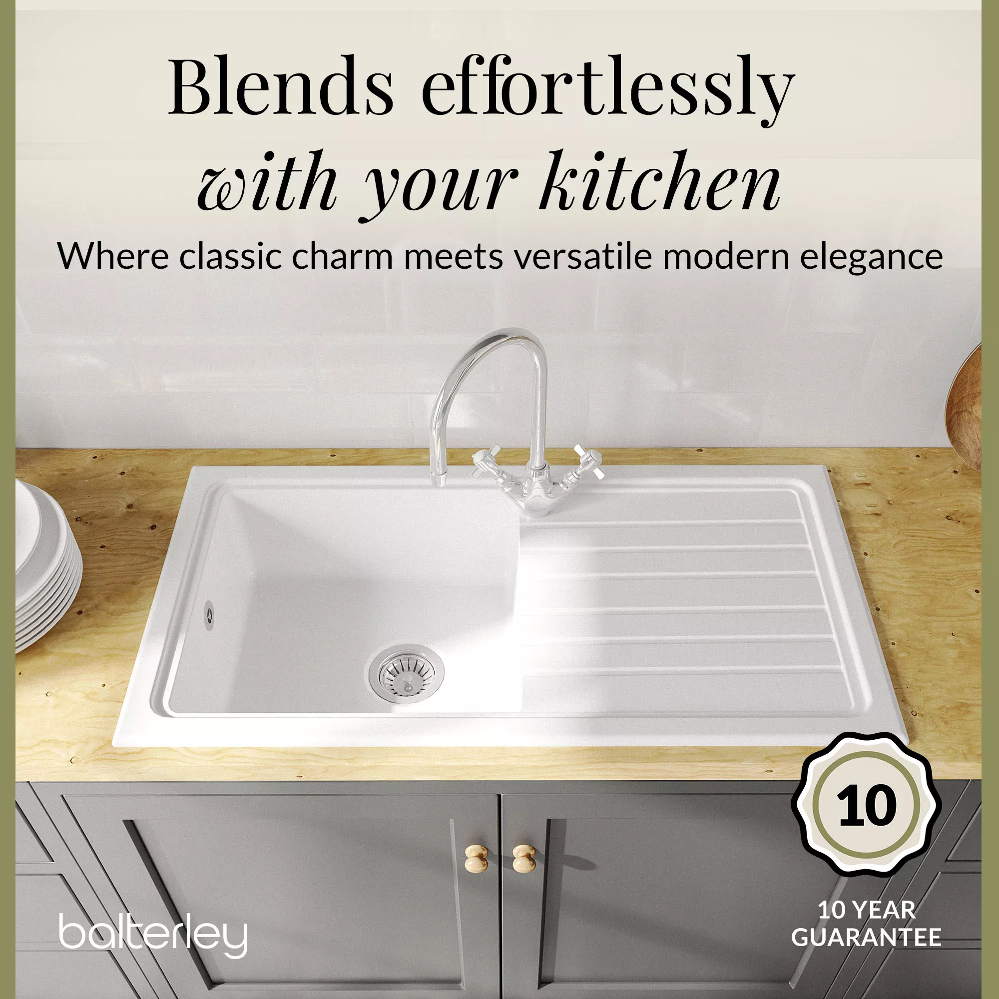 Single Bowl Fireclay Inset Kitchen Sink & Drainer, Mixer Tap & Wastes, 1010mm - Image 8
