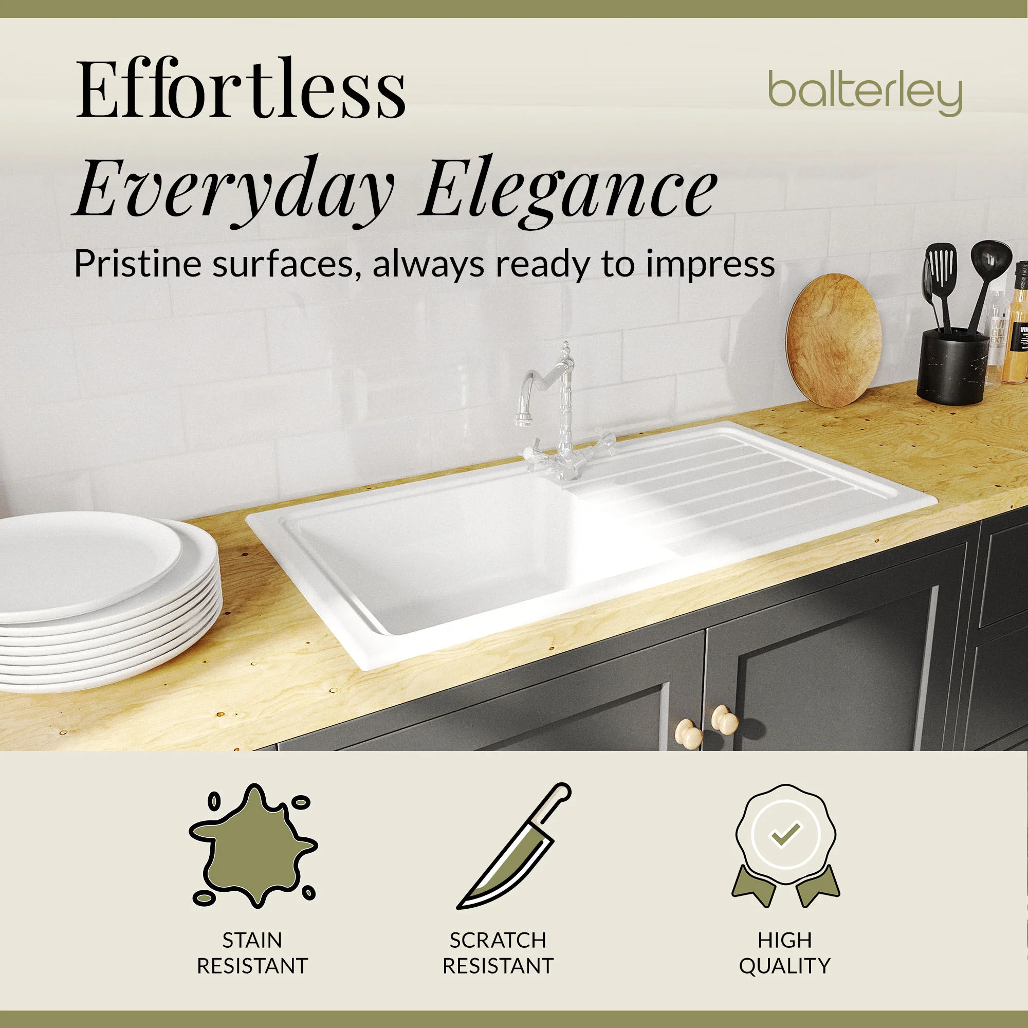 Single Bowl Fireclay Inset Kitchen Sink & Drainer, Classic Tap & Wastes, 1010mm - Image 12