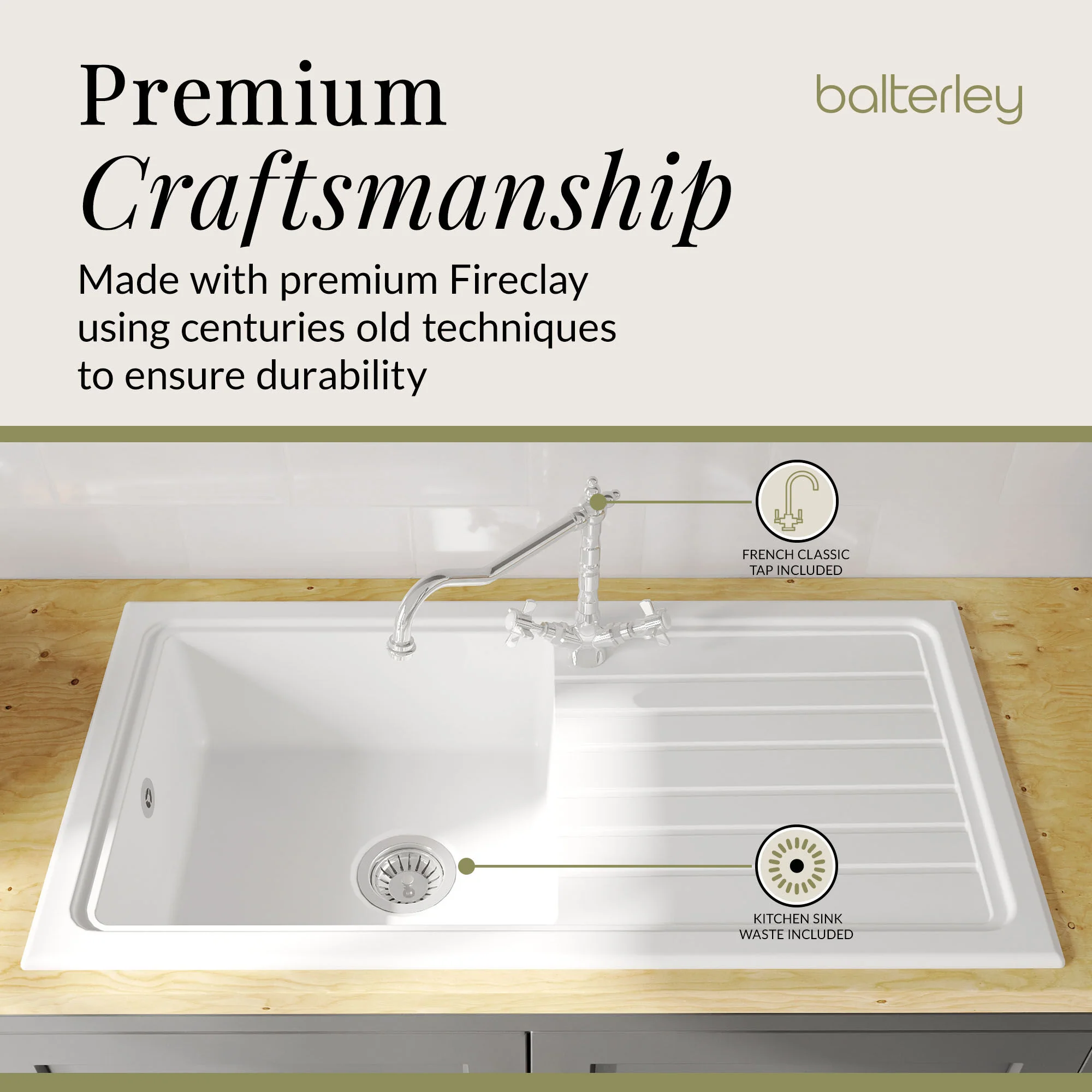 Single Bowl Fireclay Inset Kitchen Sink & Drainer, Classic Tap & Wastes, 1010mm - Image 13
