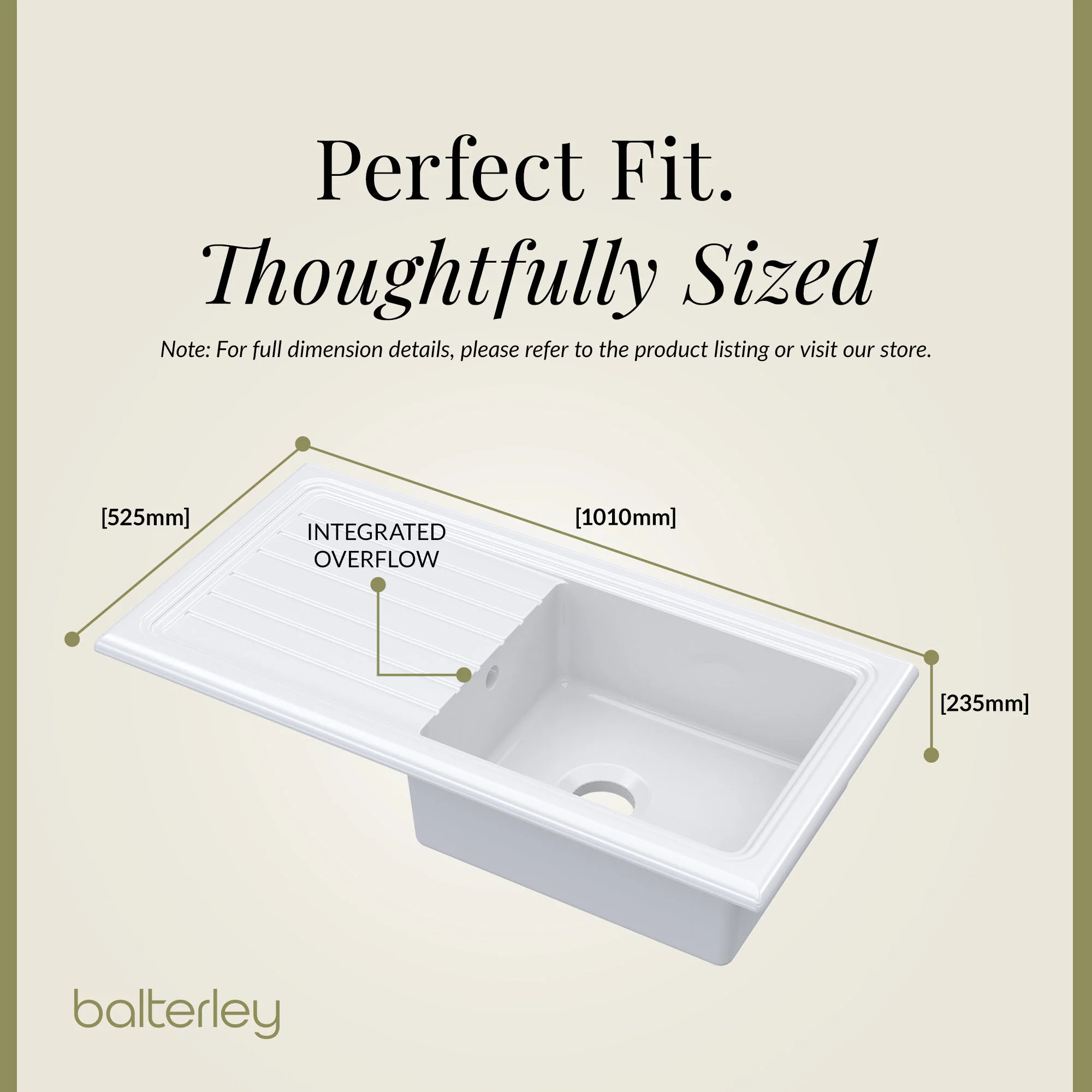 Single Bowl Fireclay Inset Kitchen Sink & Drainer, Classic Tap & Wastes, 1010mm - Image 15