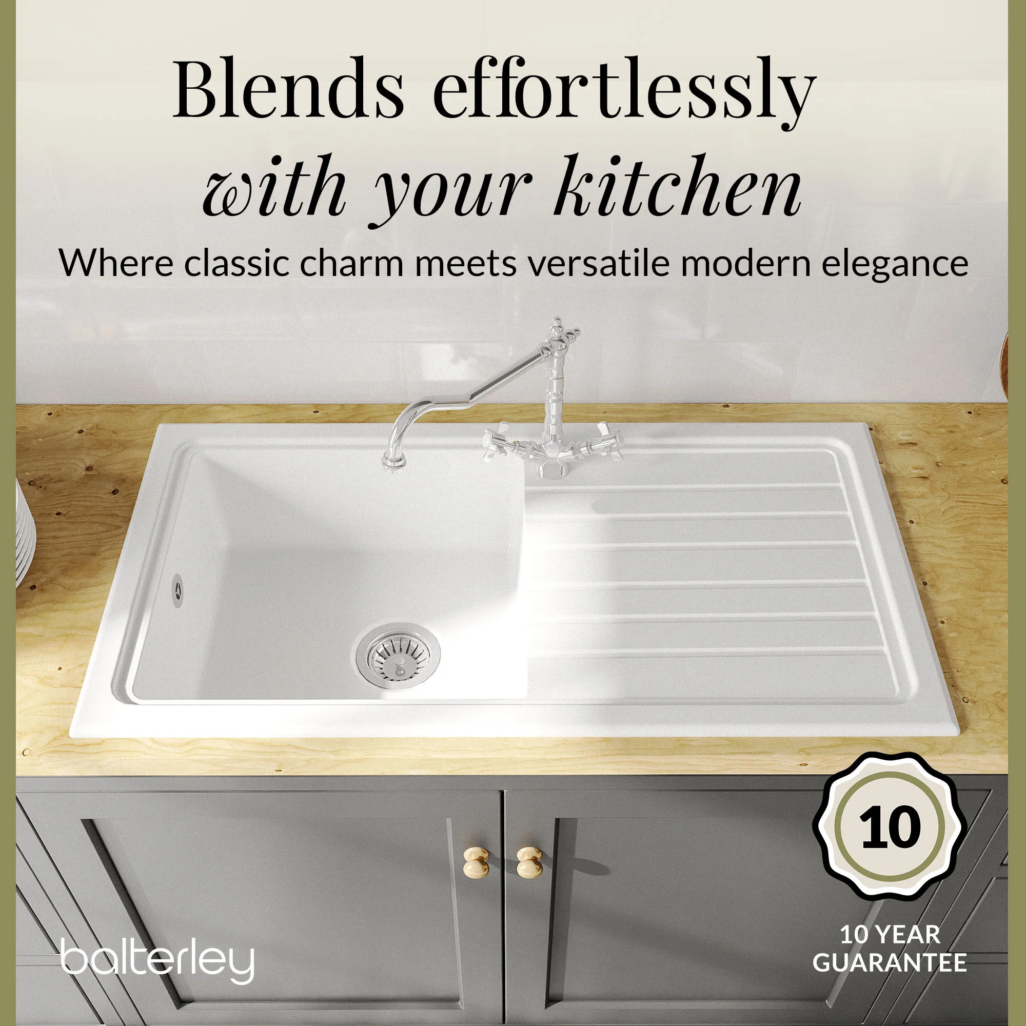 Single Bowl Fireclay Inset Kitchen Sink & Drainer, Classic Tap & Wastes, 1010mm - Image 16