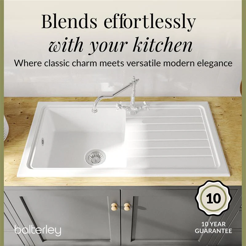Single Bowl Fireclay Inset Kitchen Sink & Drainer, Classic Tap & Wastes, 1010mm - Image 3