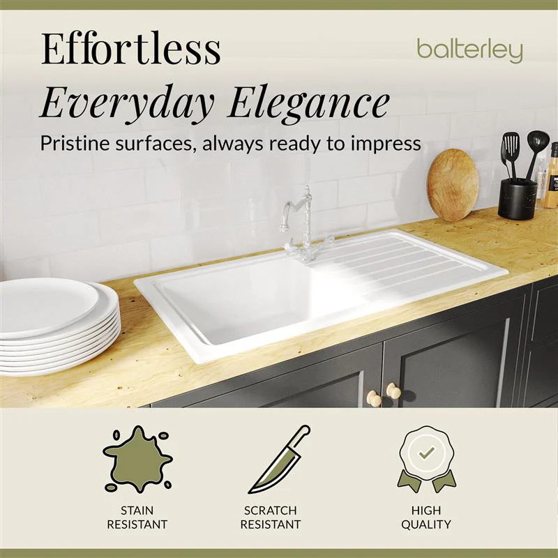Single Bowl Fireclay Inset Kitchen Sink & Drainer, Classic Tap & Wastes, 1010mm - Image 4
