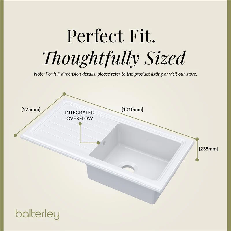 Single Bowl Fireclay Inset Kitchen Sink & Drainer, Classic Tap & Wastes, 1010mm - Image 5