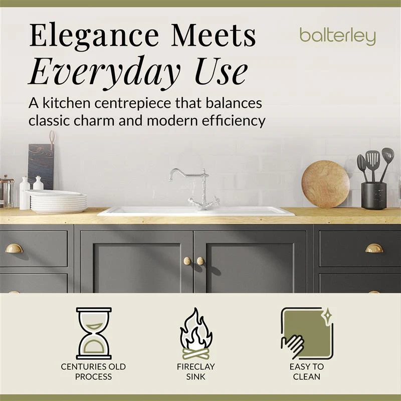 Single Bowl Fireclay Inset Kitchen Sink & Drainer, Classic Tap & Wastes, 1010mm - Image 6