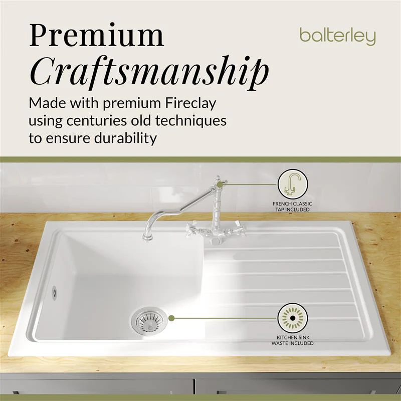 Single Bowl Fireclay Inset Kitchen Sink & Drainer, Classic Tap & Wastes, 1010mm - Image 7