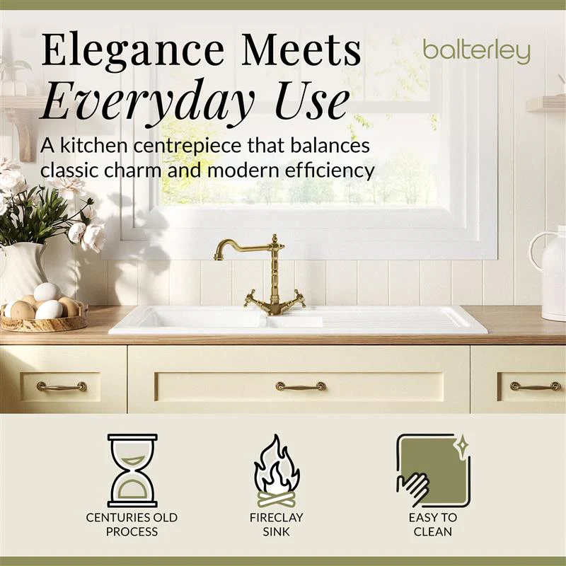 Fireclay Kitchen Bundle - 1.5 Bowl Sink & Drainer, Waste & Bridge Crosshead Tap, 1010mm - Brushed Brass - Image 5