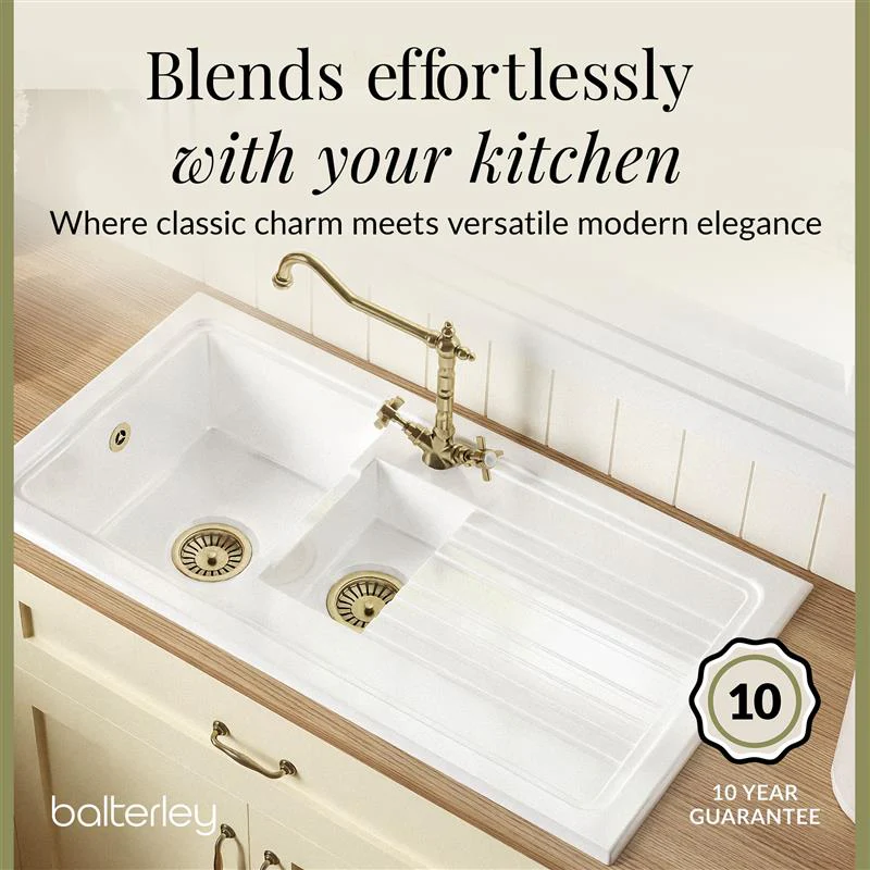 Fireclay Kitchen Bundle - 1.5 Bowl Sink & Drainer, Waste & Bridge Crosshead Tap, 1010mm - Brushed Brass - Image 6