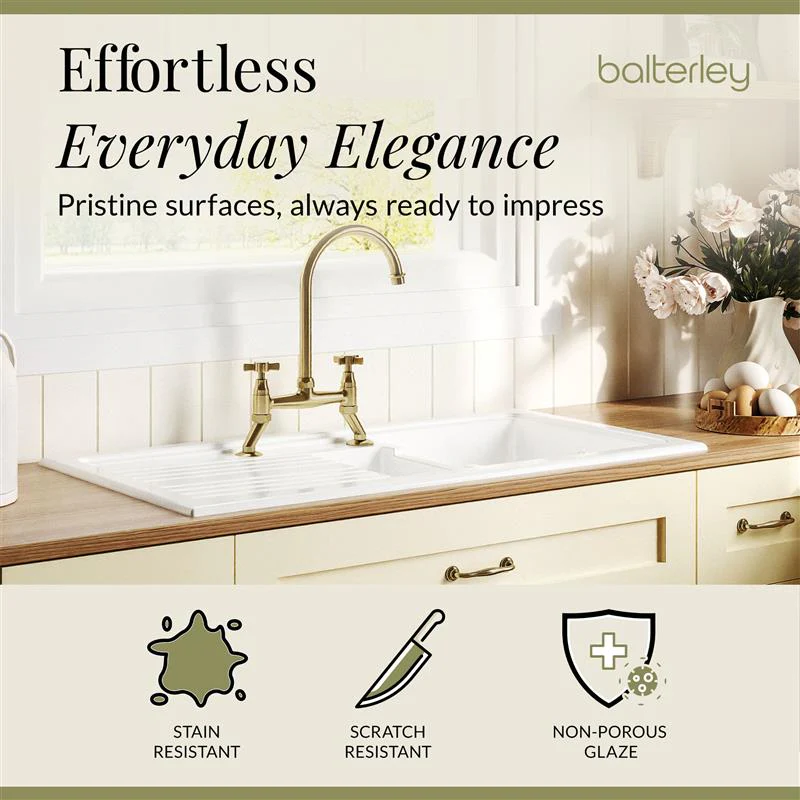 Fireclay Kitchen Bundle - 1.5 Bowl Sink & Drainer, Waste & Bridge Lever Tap, 1010mm - Brushed Brass - Image 6