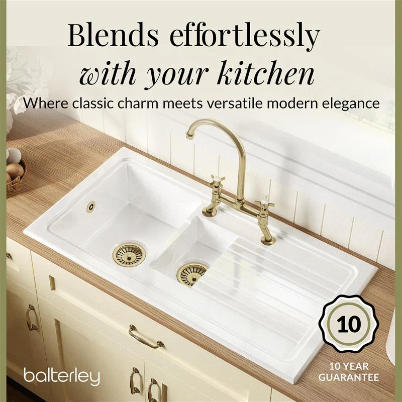 Fireclay Kitchen Bundle - 1.5 Bowl Sink & Drainer, Waste & Bridge Lever Tap, 1010mm - Brushed Brass - Image 7