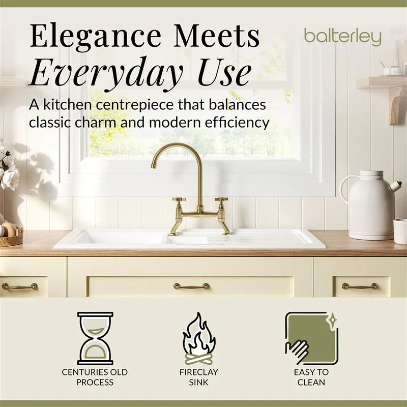 Fireclay Kitchen Bundle - 1.5 Bowl Sink & Drainer, Waste & Bridge Lever Tap, 1010mm - Brushed Brass - Image 8