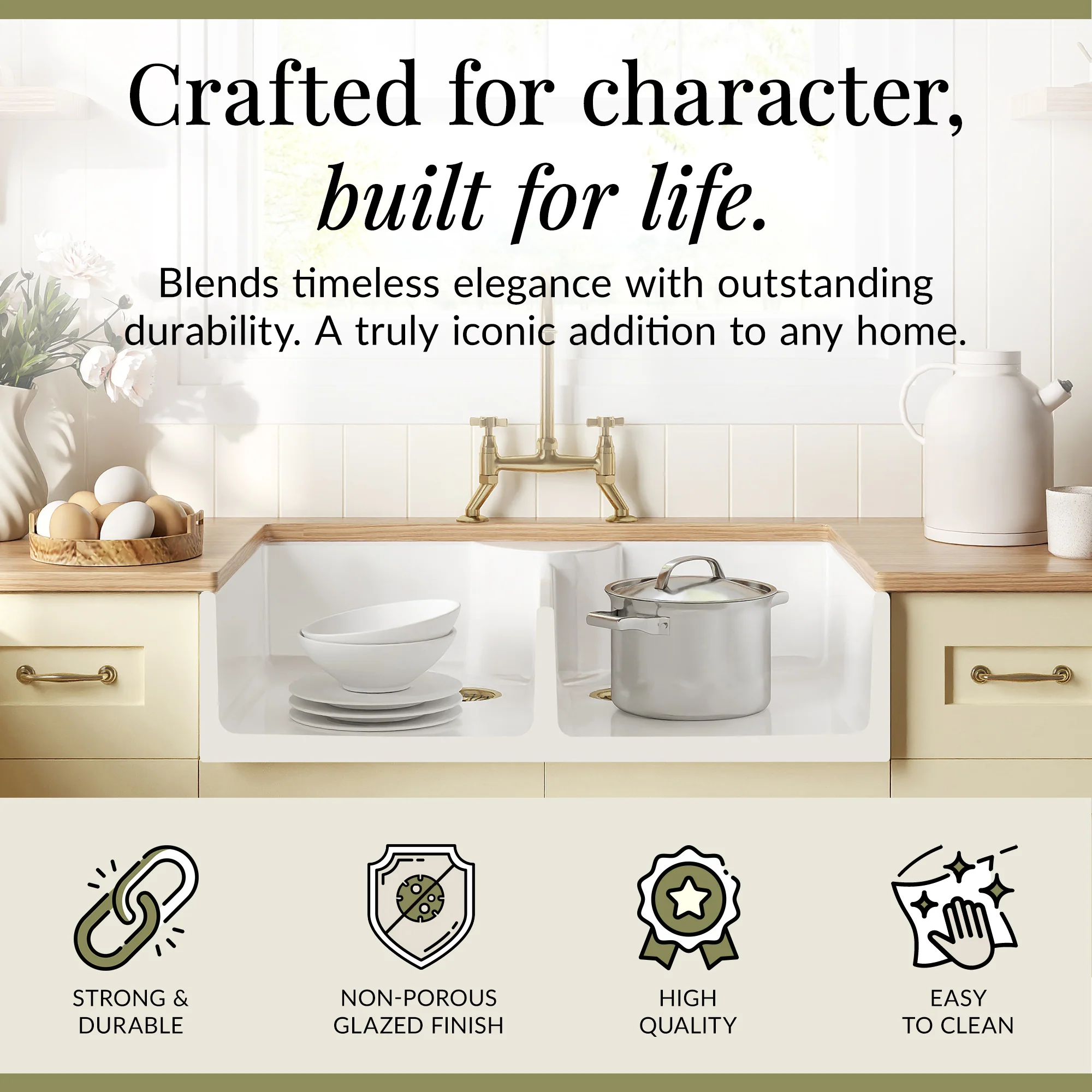 Fireclay Kitchen Bundle - Double Bowl Butler Sink, 2 x Wastes & Bridge Crosshead Tap, 895mm - Brushed Brass - Image 3