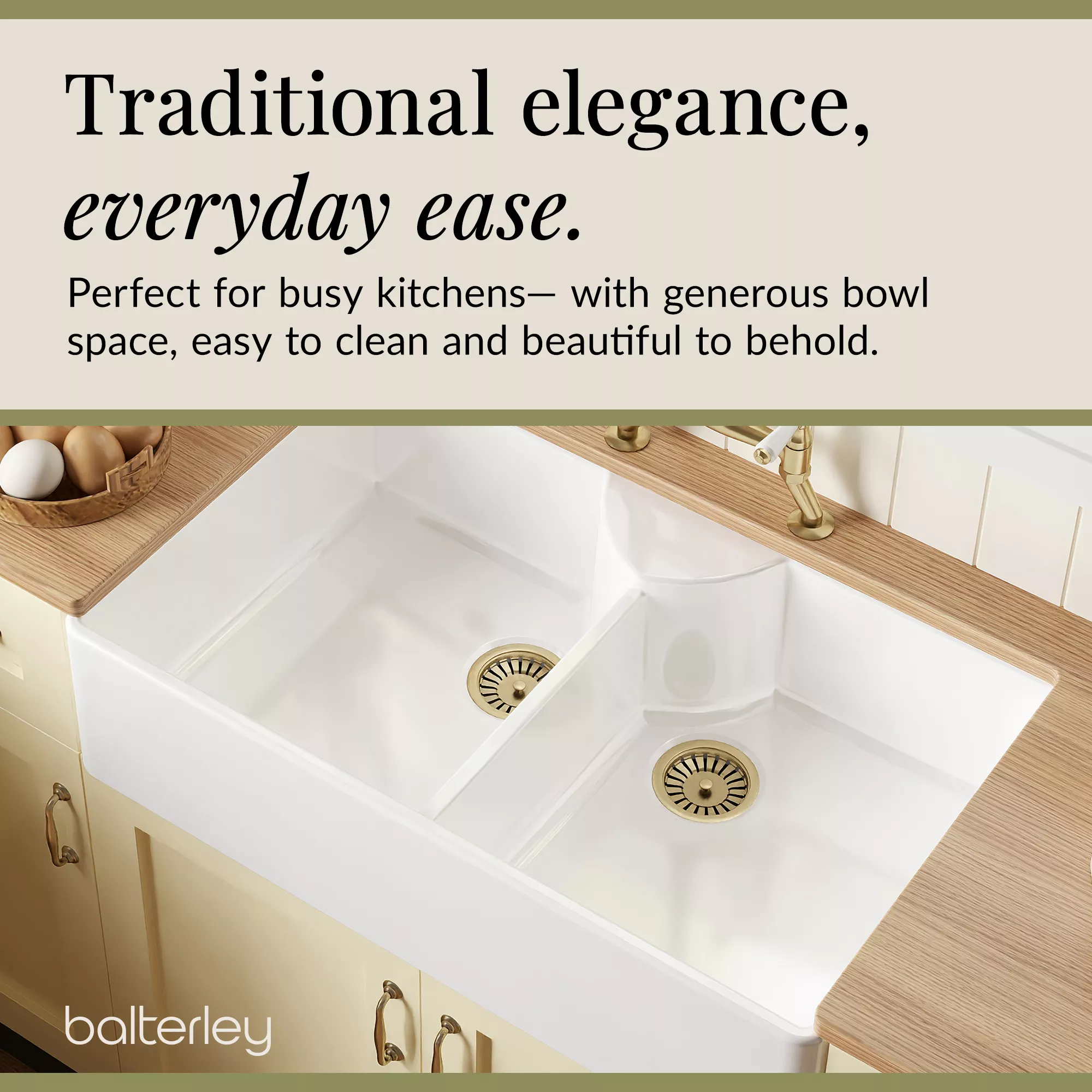Fireclay Kitchen Bundle - Double Bowl Butler Sink, 2 x Wastes & Bridge Lever Tap, 895mm - Brushed Brass - Image 6