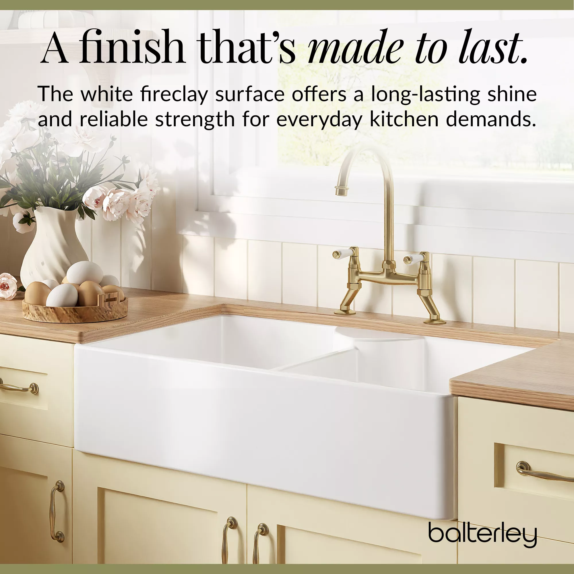 Fireclay Kitchen Bundle - Double Bowl Butler Sink, 2 x Wastes & Bridge Lever Tap, 895mm - Brushed Brass - Image 7
