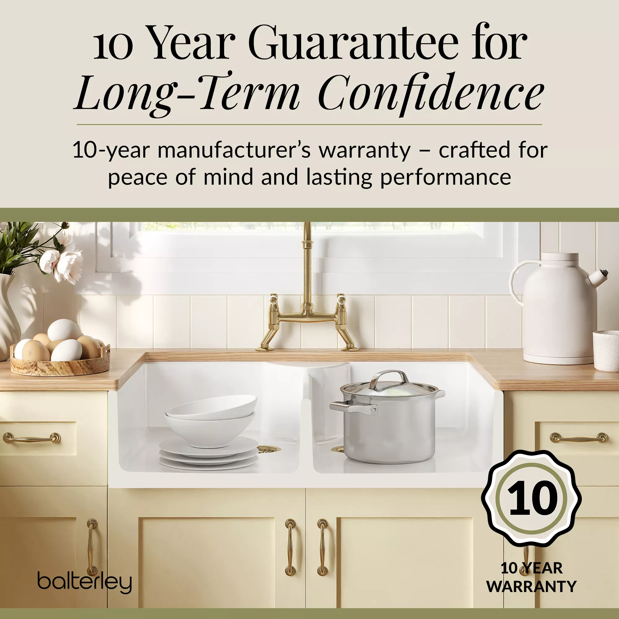 Fireclay Kitchen Bundle - Double Bowl Butler Sink, 2 x Wastes & Bridge Lever Tap, 895mm - Brushed Brass - Image 9