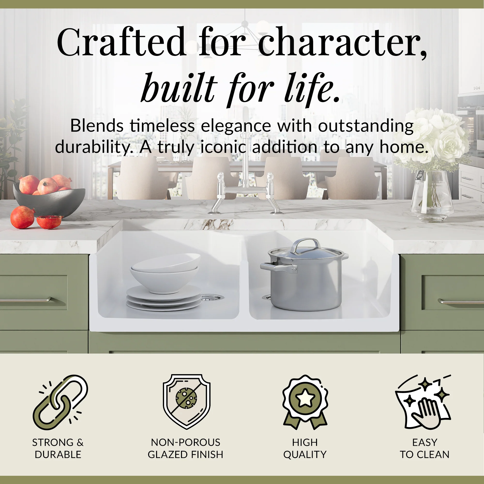 Fireclay Kitchen Bundle - Double Bowl Butler Sink, 2 x Wastes & Bridge Lever Tap, 895mm - Chrome - Image 3