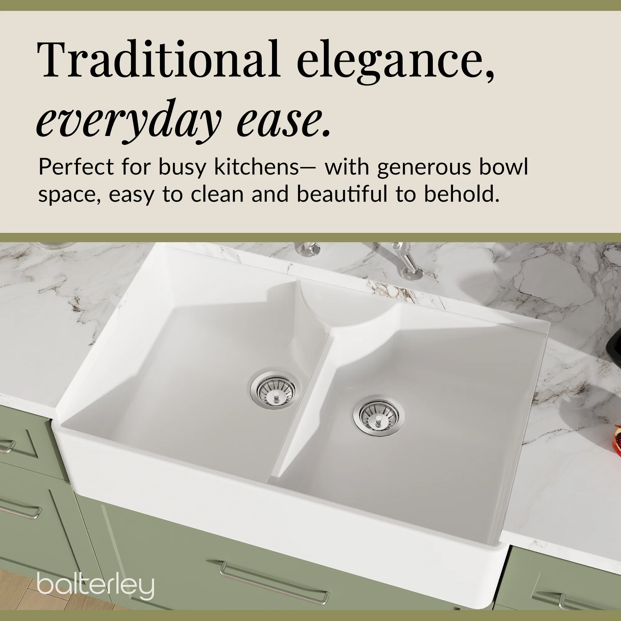 Fireclay Kitchen Bundle - Double Bowl Butler Sink, 2 x Wastes & Bridge Lever Tap, 895mm - Chrome - Image 4