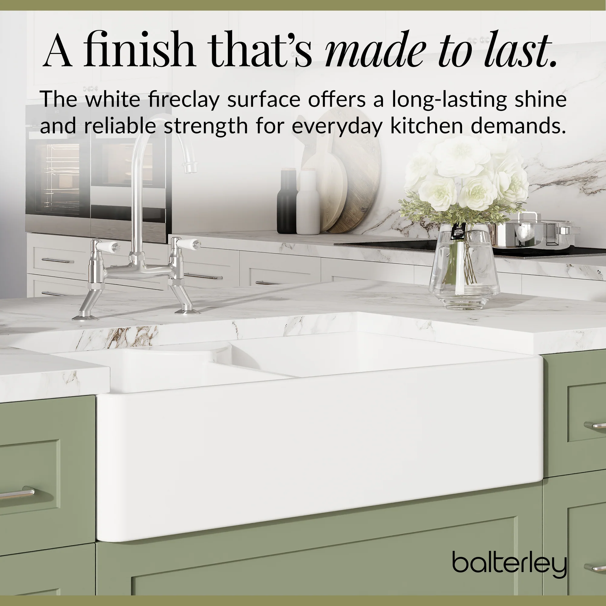 Fireclay Kitchen Bundle - Double Bowl Butler Sink, 2 x Wastes & Bridge Lever Tap, 895mm - Chrome - Image 5