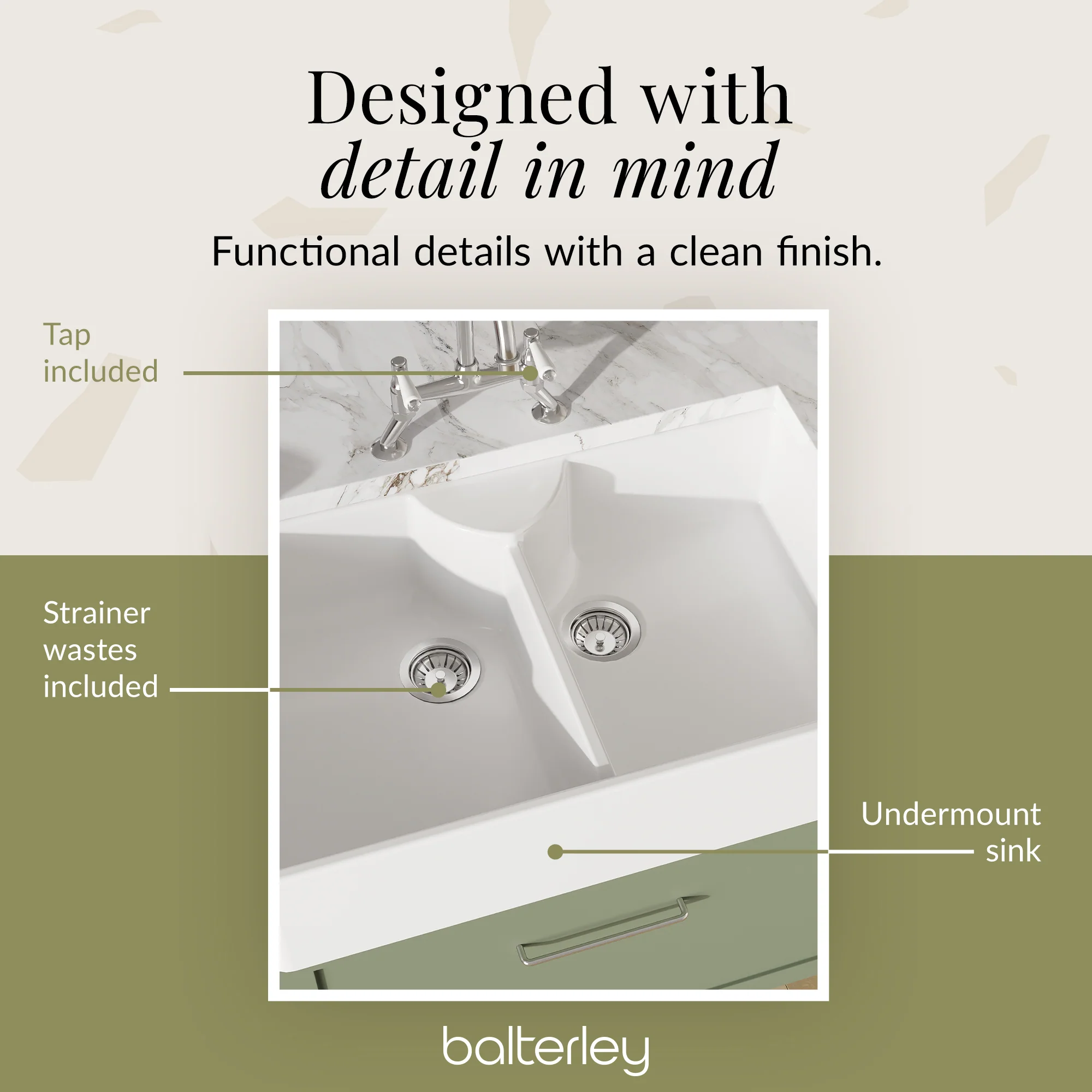 Fireclay Kitchen Bundle - Double Bowl Butler Sink, 2 x Wastes & Bridge Lever Tap, 895mm - Chrome - Image 6