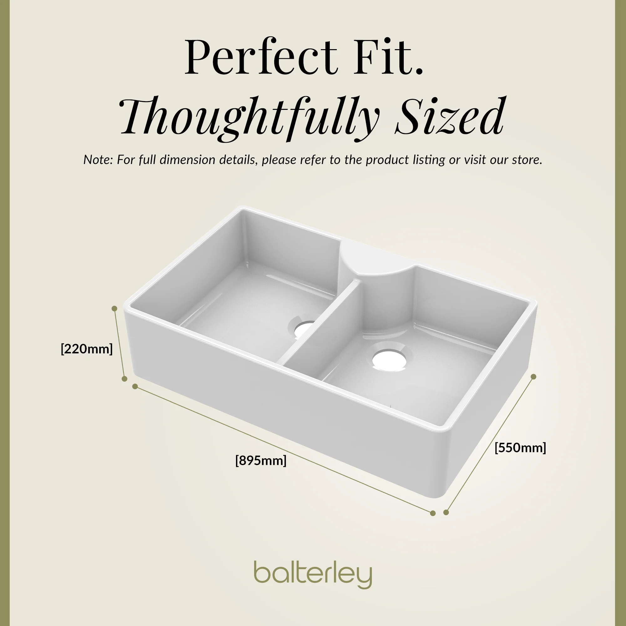 Fireclay Kitchen Bundle - Double Bowl Butler Sink, 2 x Wastes & Bridge Lever Tap, 895mm - Chrome - Image 7