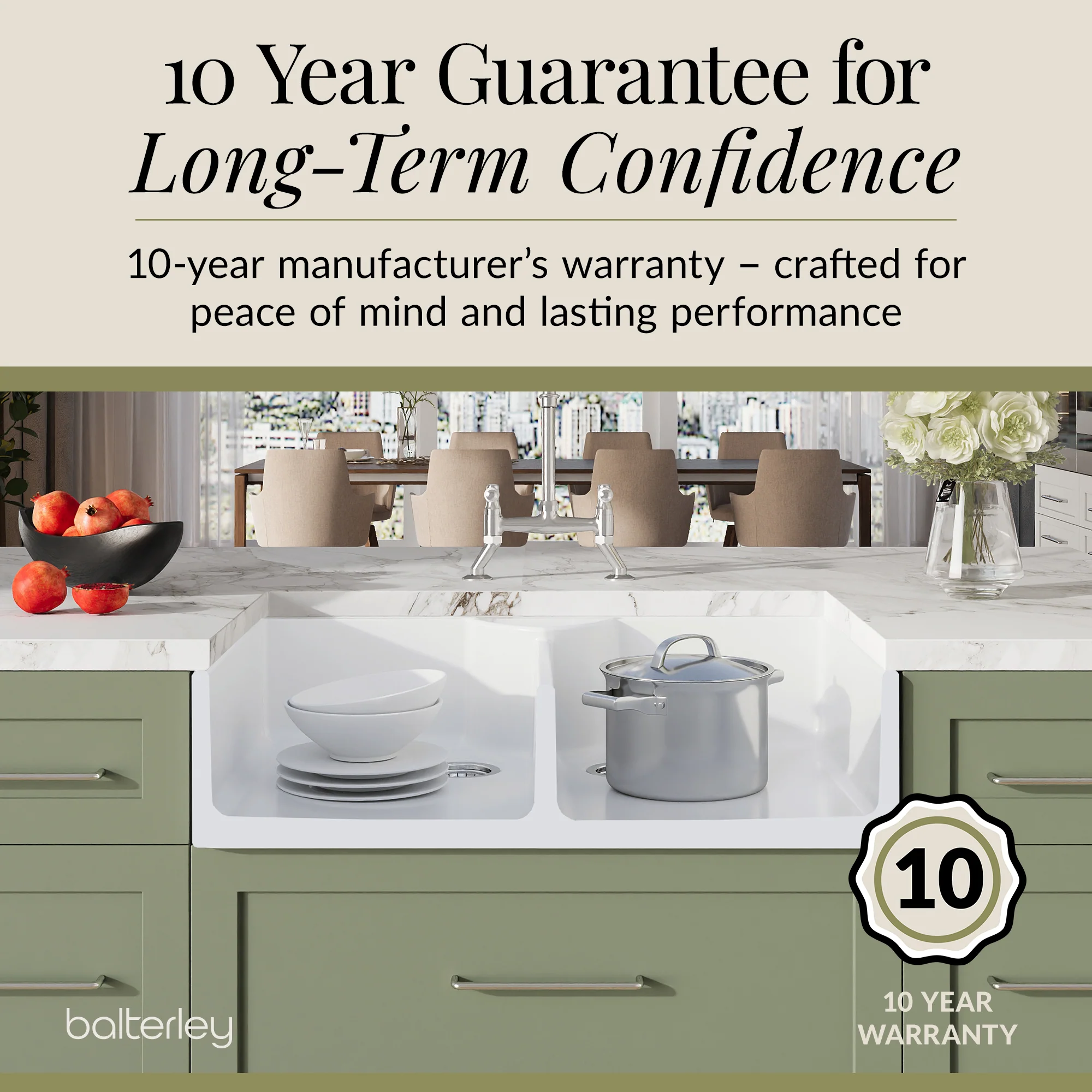 Fireclay Kitchen Bundle - Double Bowl Butler Sink, 2 x Wastes & Bridge Lever Tap, 895mm - Chrome - Image 8