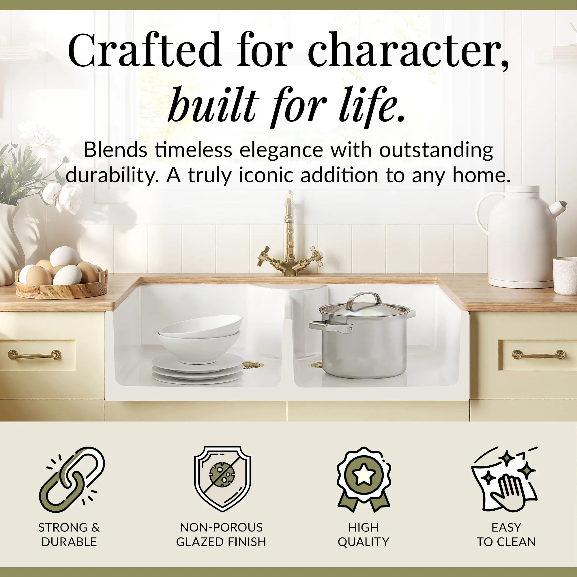 Fireclay Kitchen Bundle - Double Bowl Butler Sink, 2 x Wastes & French Classic Tap, 895mm - Brushed Brass - Image 3