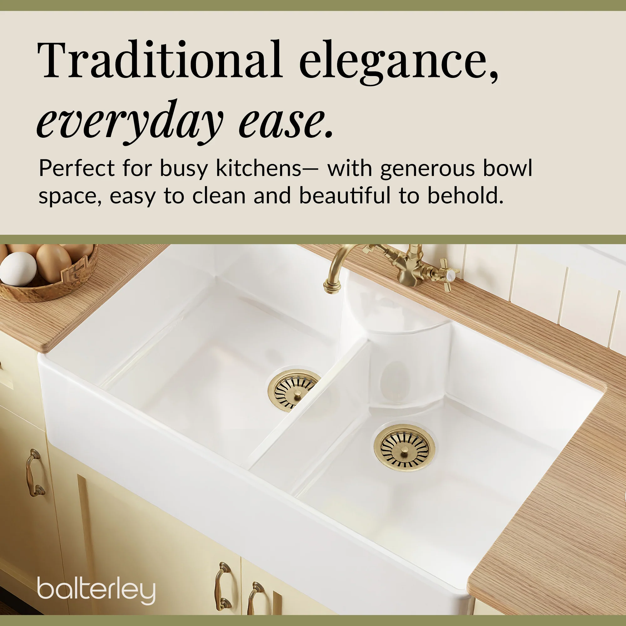 Fireclay Kitchen Bundle - Double Bowl Butler Sink, 2 x Wastes & French Classic Tap, 895mm - Brushed Brass - Image 4